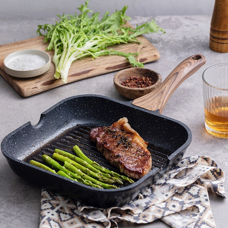 Gravina Square Grill Pan – Nonstick Granite Stone Ridged Induction Frying Pan Wood Handle Kitchen