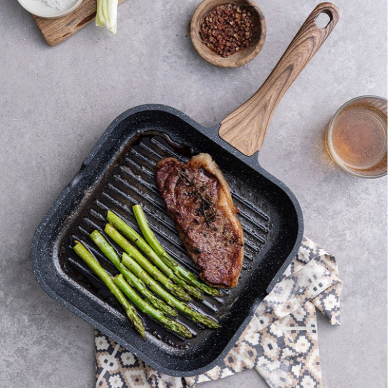 Gravina Square Grill Pan – Nonstick Granite Stone Ridged Induction Frying Pan Wood Handle Kitchen