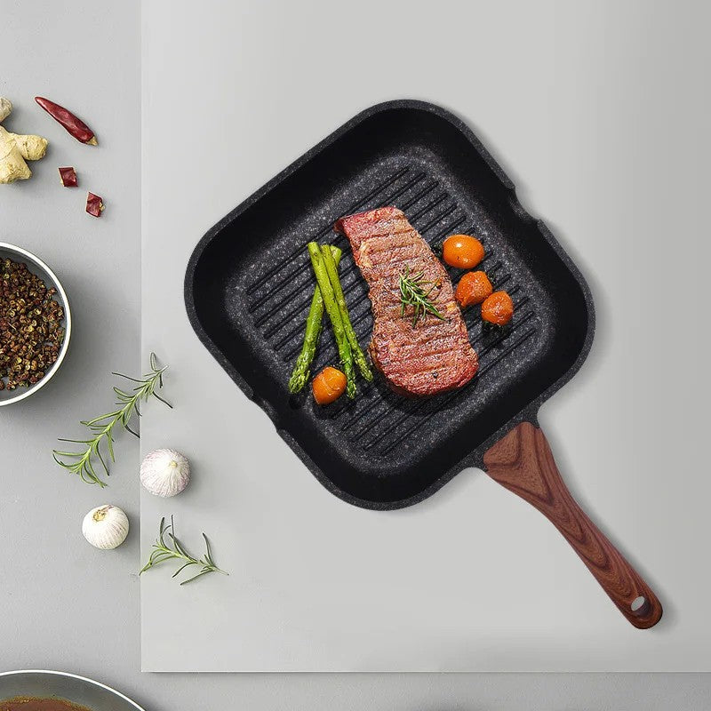 Gravina Square Grill Pan – Nonstick Granite Stone Ridged Induction Frying Pan Wood Handle Kitchen