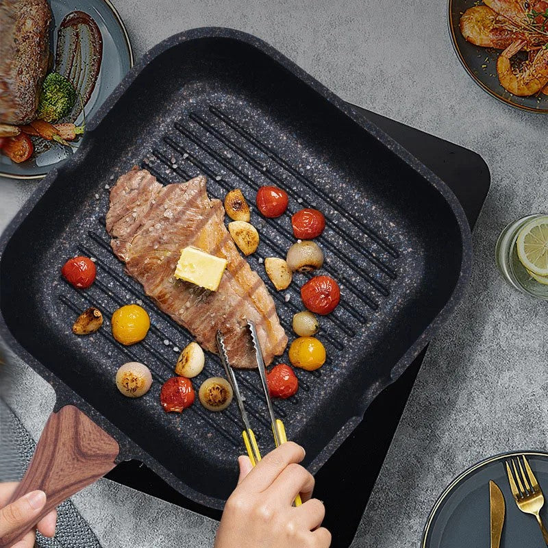 Gravina Square Grill Pan – Nonstick Granite Stone Ridged Induction Frying Pan Wood Handle Kitchen