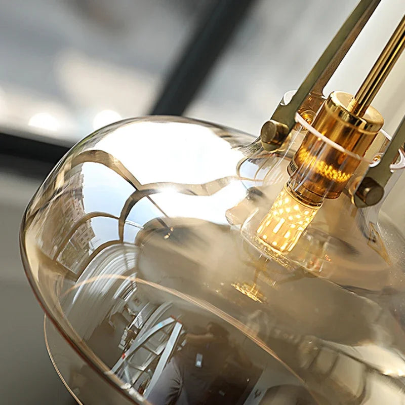Seri Stepped Bowl Pendant Light – Glass Dome Ceiling Light Brass Cage Kitchen Island Dining Room