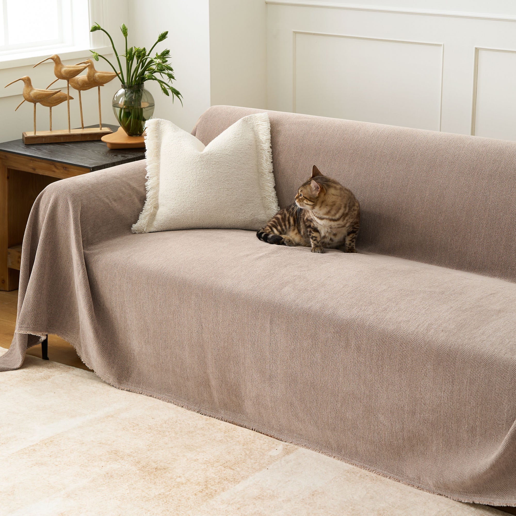 Herringbone Sofa Throw – Textured Cotton Couch Cover Slipcover Living Room Bedroom Furniture Protector