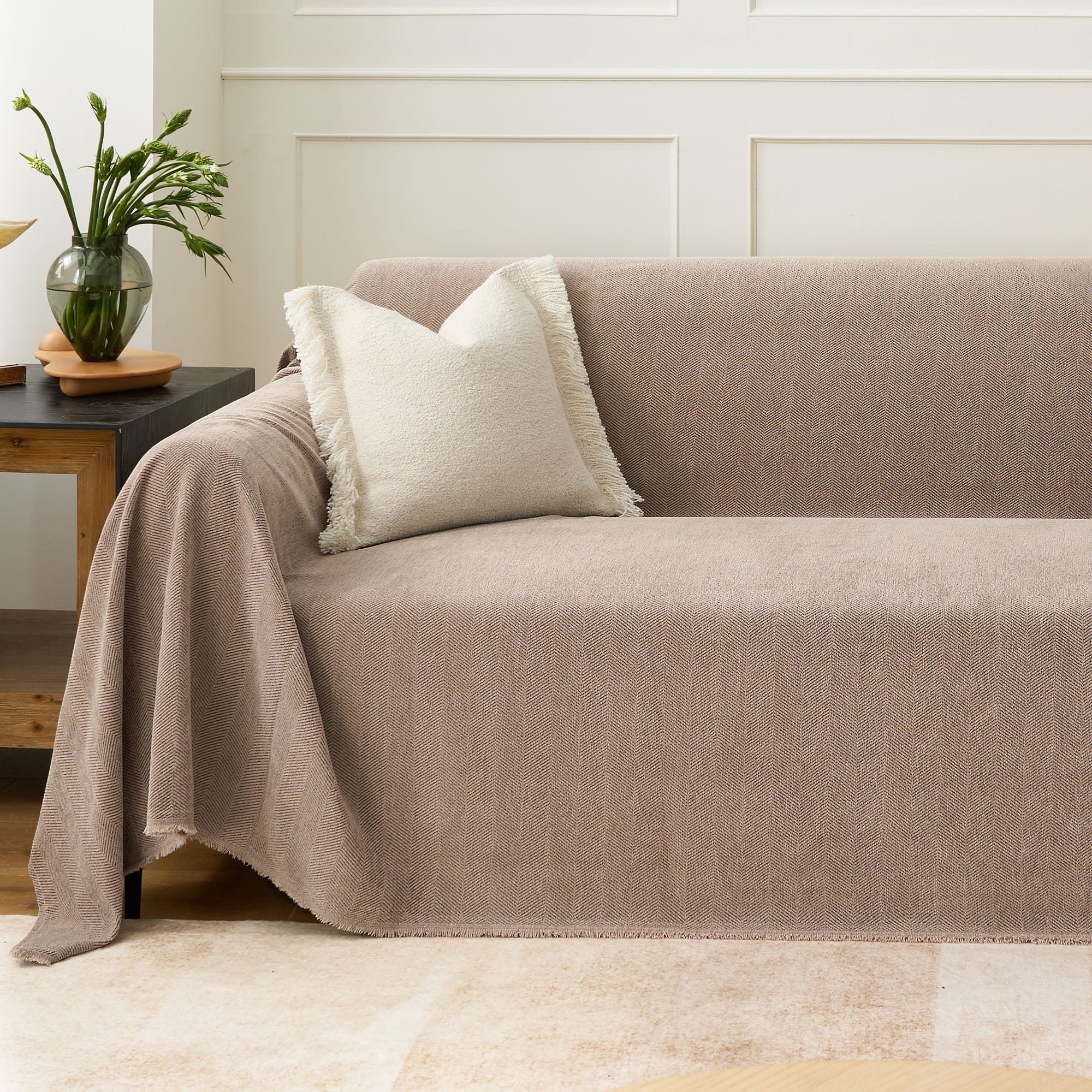 Herringbone Sofa Throw – Textured Cotton Couch Cover Slipcover Living Room Bedroom Furniture Protector