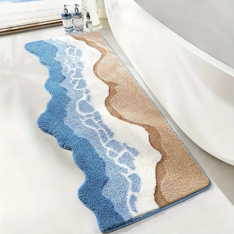 Coasta Beach Bath Mat – Ocean Wave Microfiber Bathroom Rug Non Slip Backing Soft Absorbent