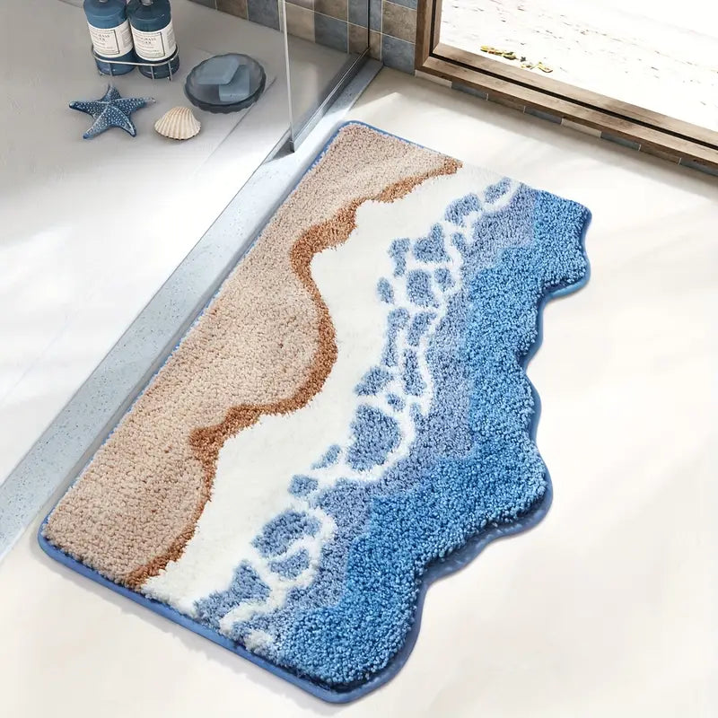 Coasta Beach Bath Mat – Ocean Wave Microfiber Bathroom Rug Non Slip Backing Soft Absorbent