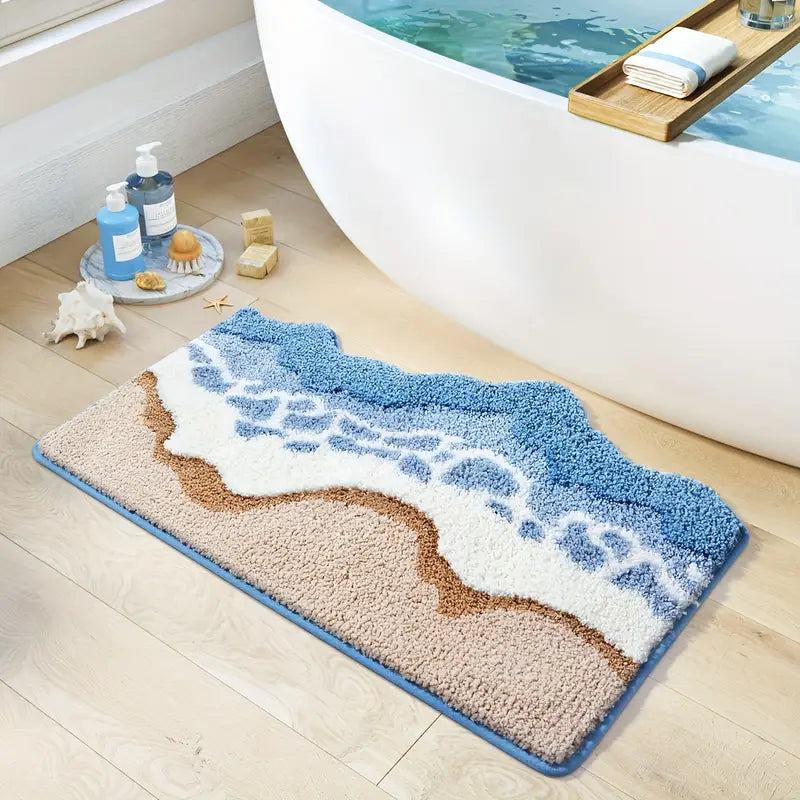 Coasta Beach Bath Mat – Ocean Wave Microfiber Bathroom Rug Non Slip Backing Soft Absorbent
