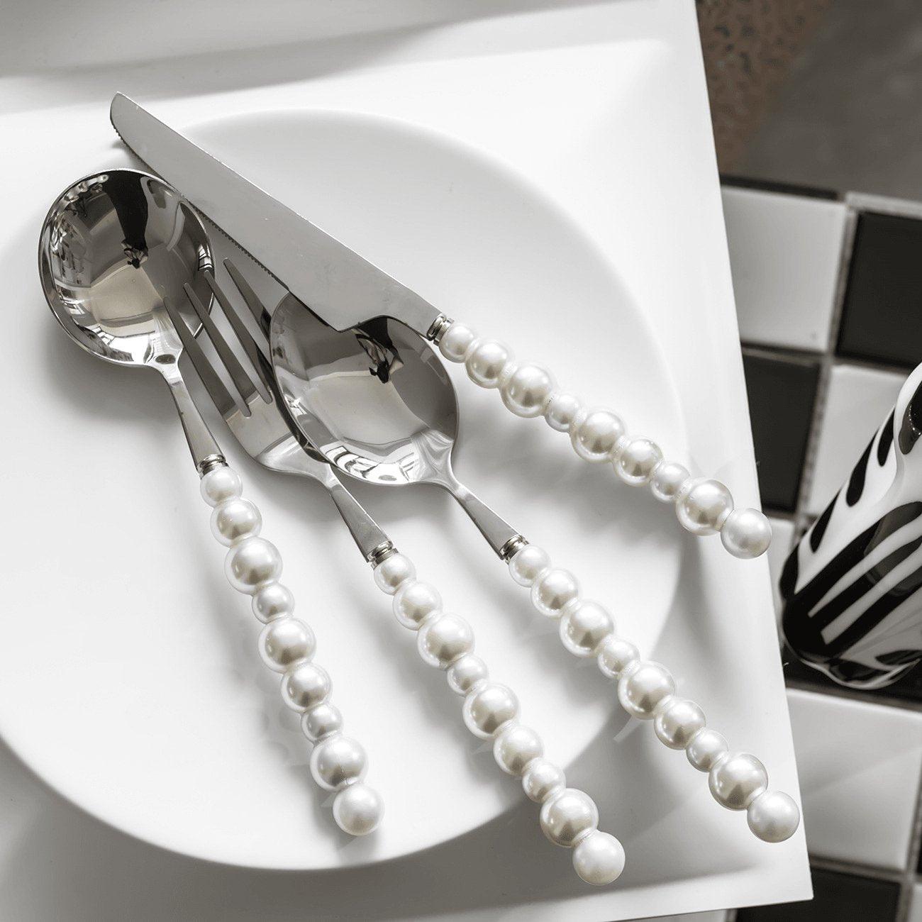 Eloisa Pearl Cutlery Set – Stainless Steel Flatware Silverware Elegant Dining Kitchen Table Decor