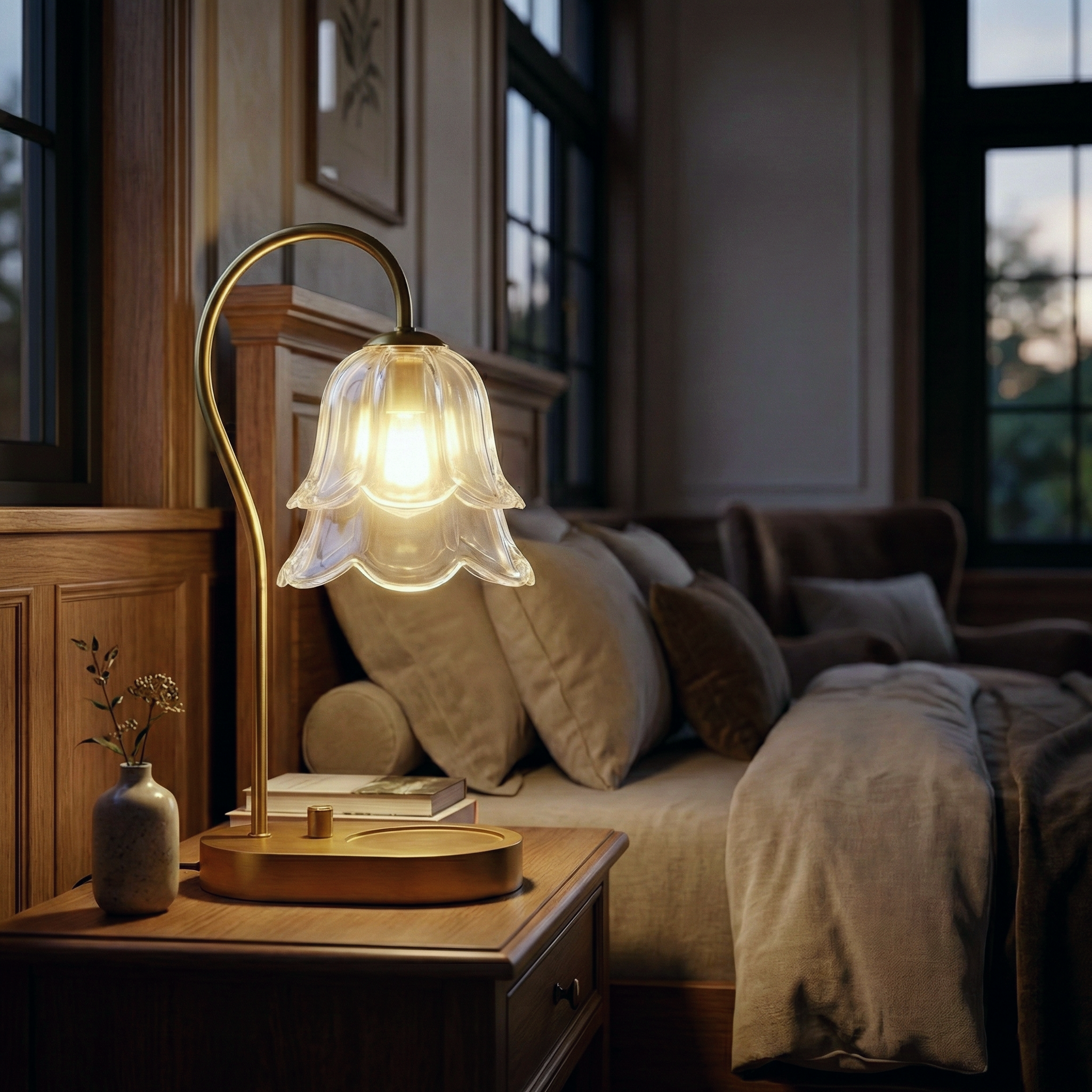 Floral Candle Table Lamp – Candle Warmer Table Lamp Floral Glass Shade Natural Wood Base