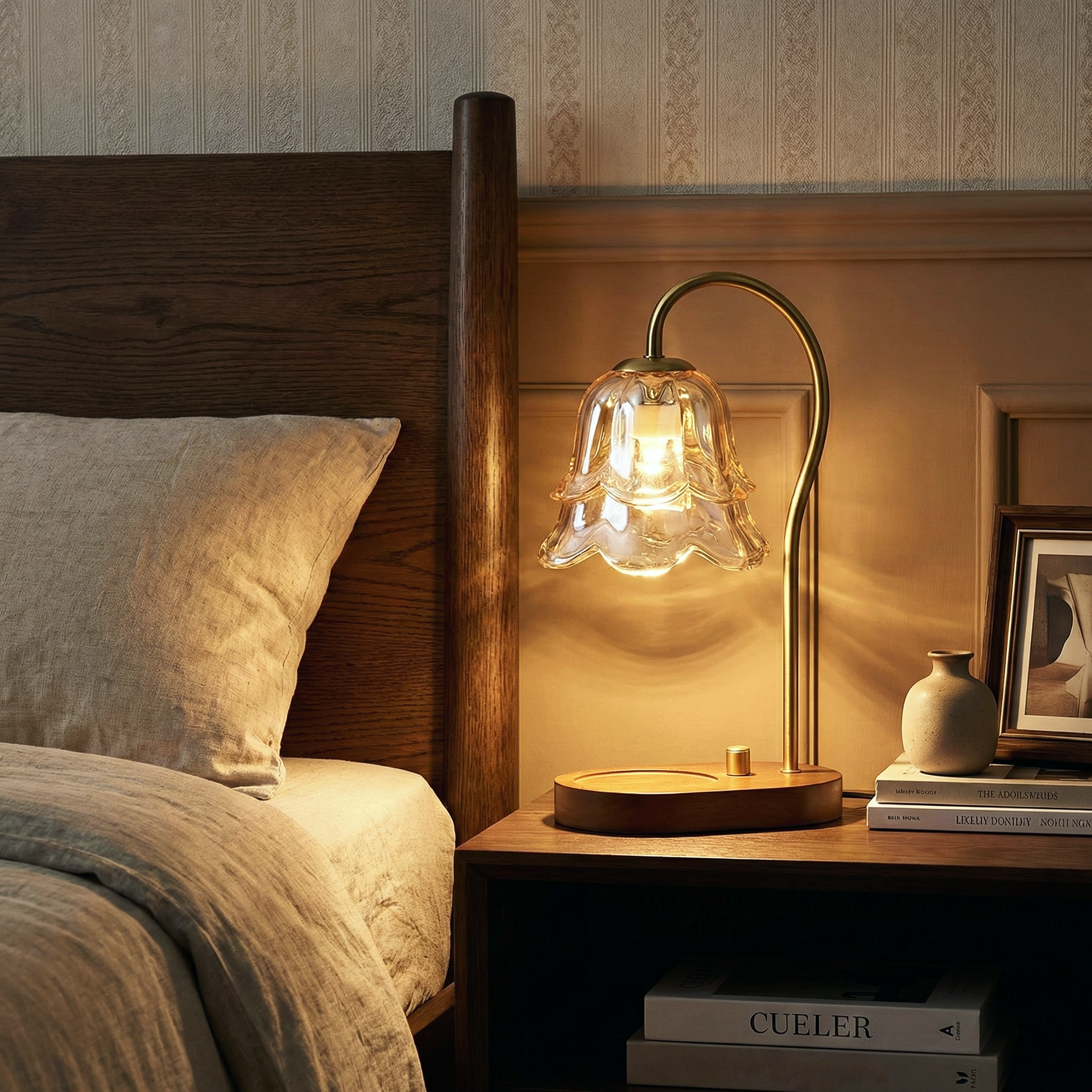Floral Candle Table Lamp – Candle Warmer Table Lamp Floral Glass Shade Natural Wood Base