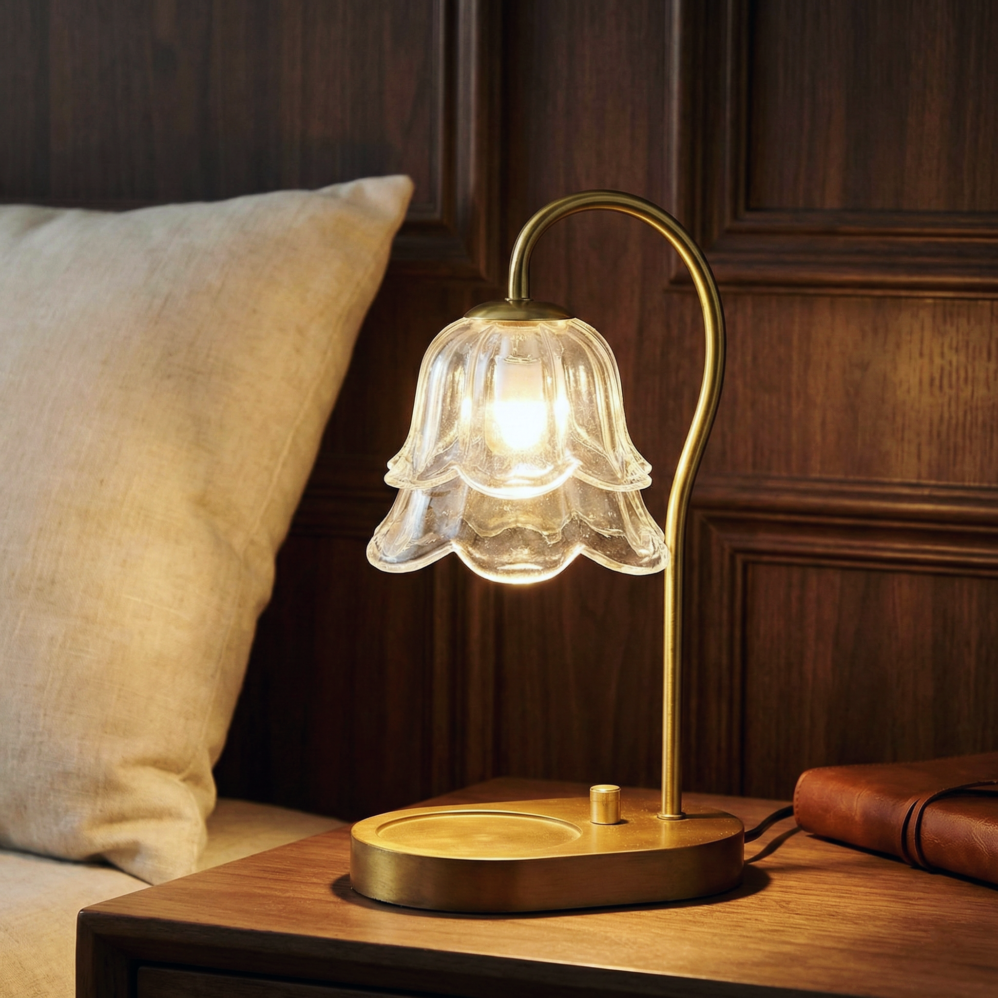 Floral Candle Table Lamp – Candle Warmer Table Lamp Floral Glass Shade Natural Wood Base