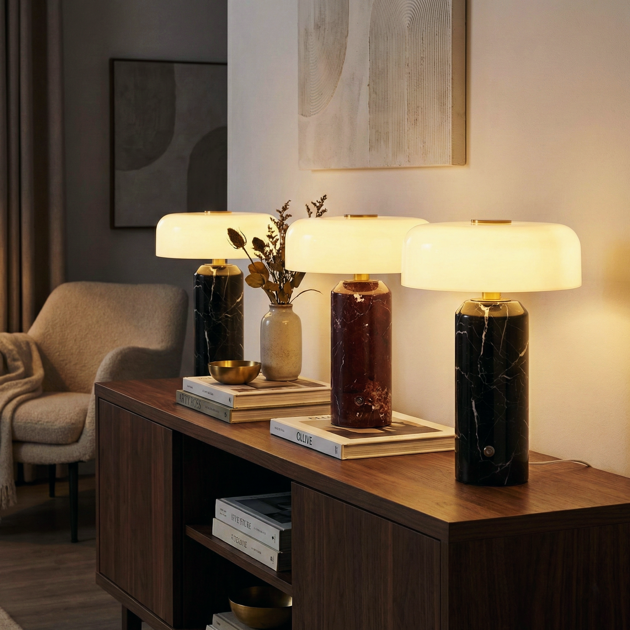 Iridescent Orb Table Lamp – Rechargeable Glass Orb Espresso Marble Base