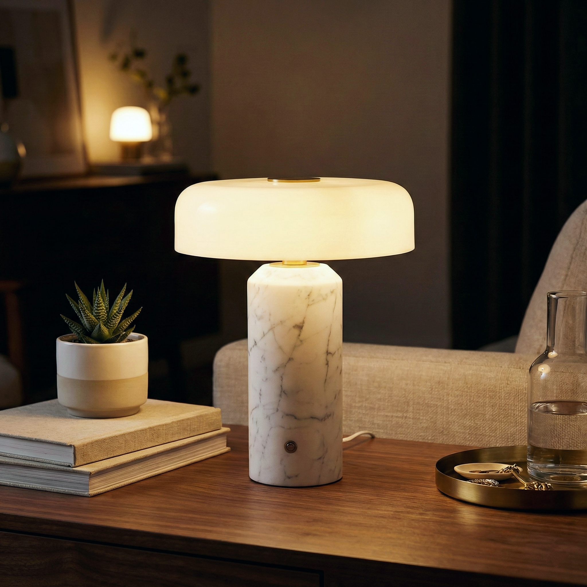 Iridescent Orb Table Lamp – Rechargeable Glass Orb Espresso Marble Base