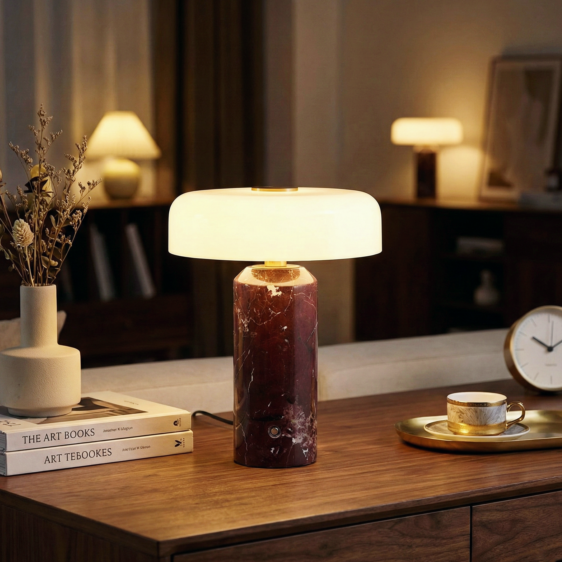 Iridescent Orb Table Lamp – Rechargeable Glass Orb Espresso Marble Base