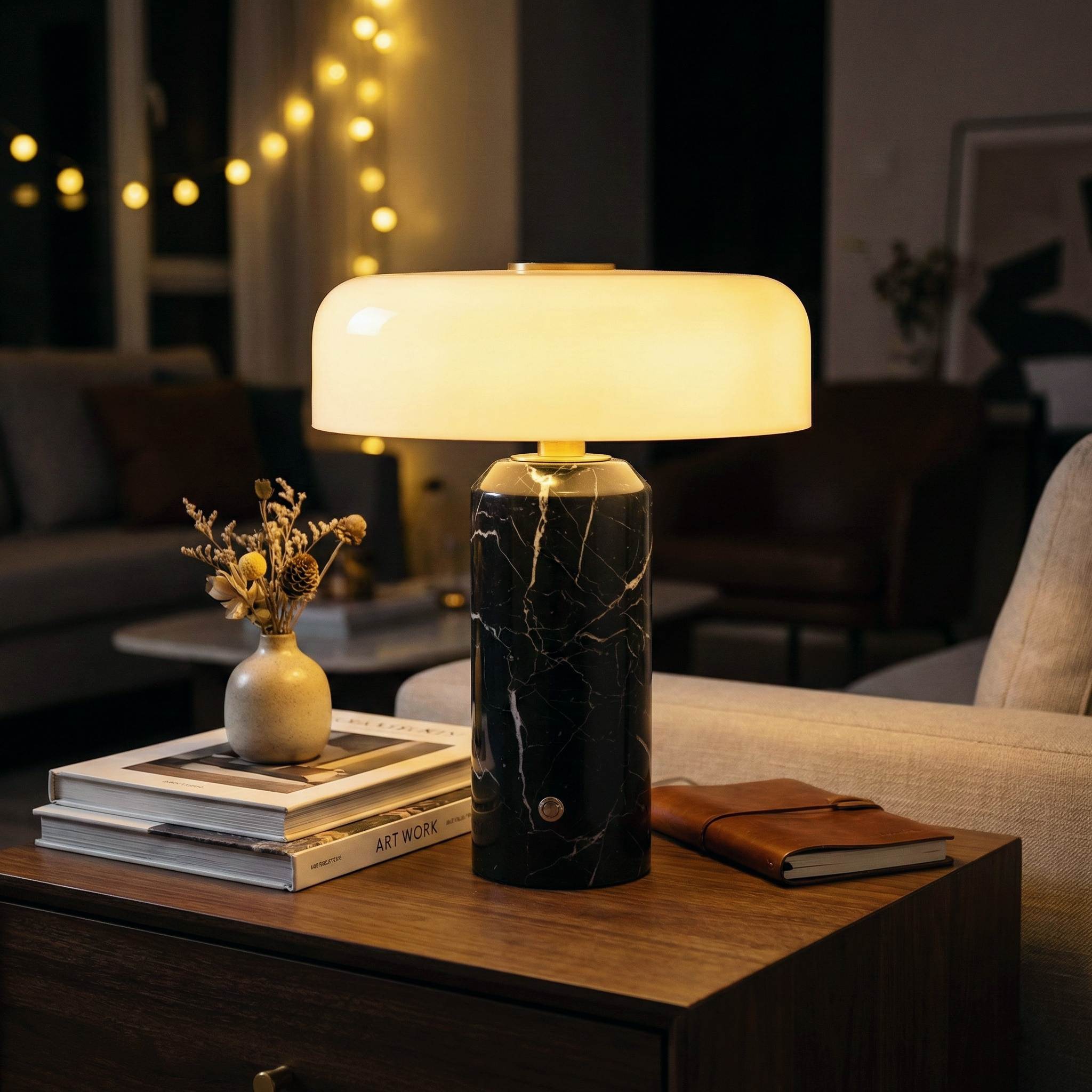 Iridescent Orb Table Lamp – Rechargeable Glass Orb Espresso Marble Base