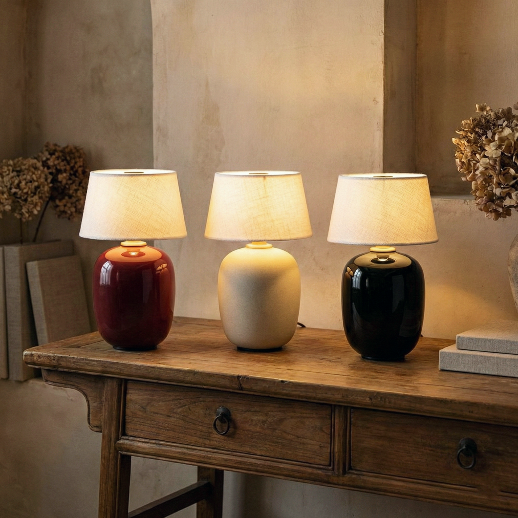 Hearthside Table Lamp – Battery Powered Linen Shade Brass Button Soft Ambient Light