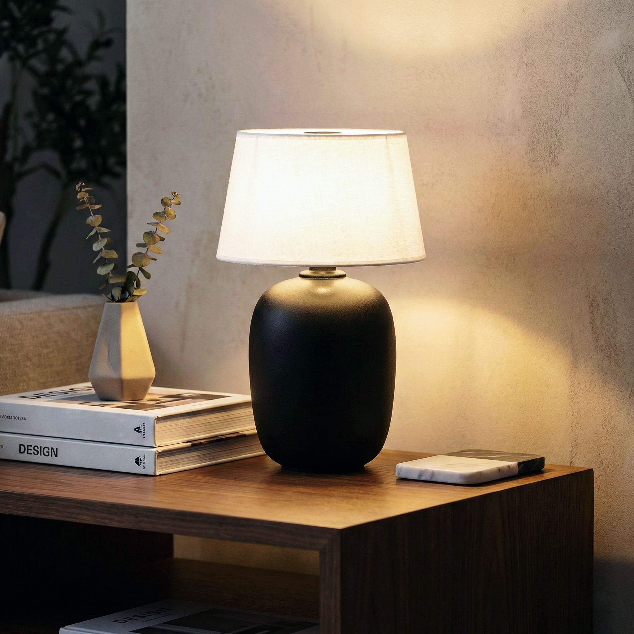 Hearthside Table Lamp – Battery Powered Linen Shade Brass Button Soft Ambient Light