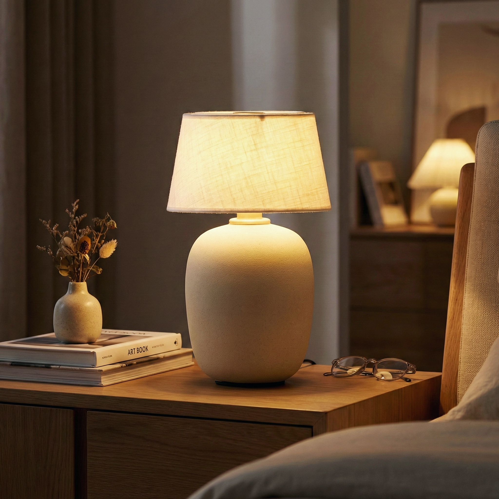 Hearthside Table Lamp – Battery Powered Linen Shade Brass Button Soft Ambient Light