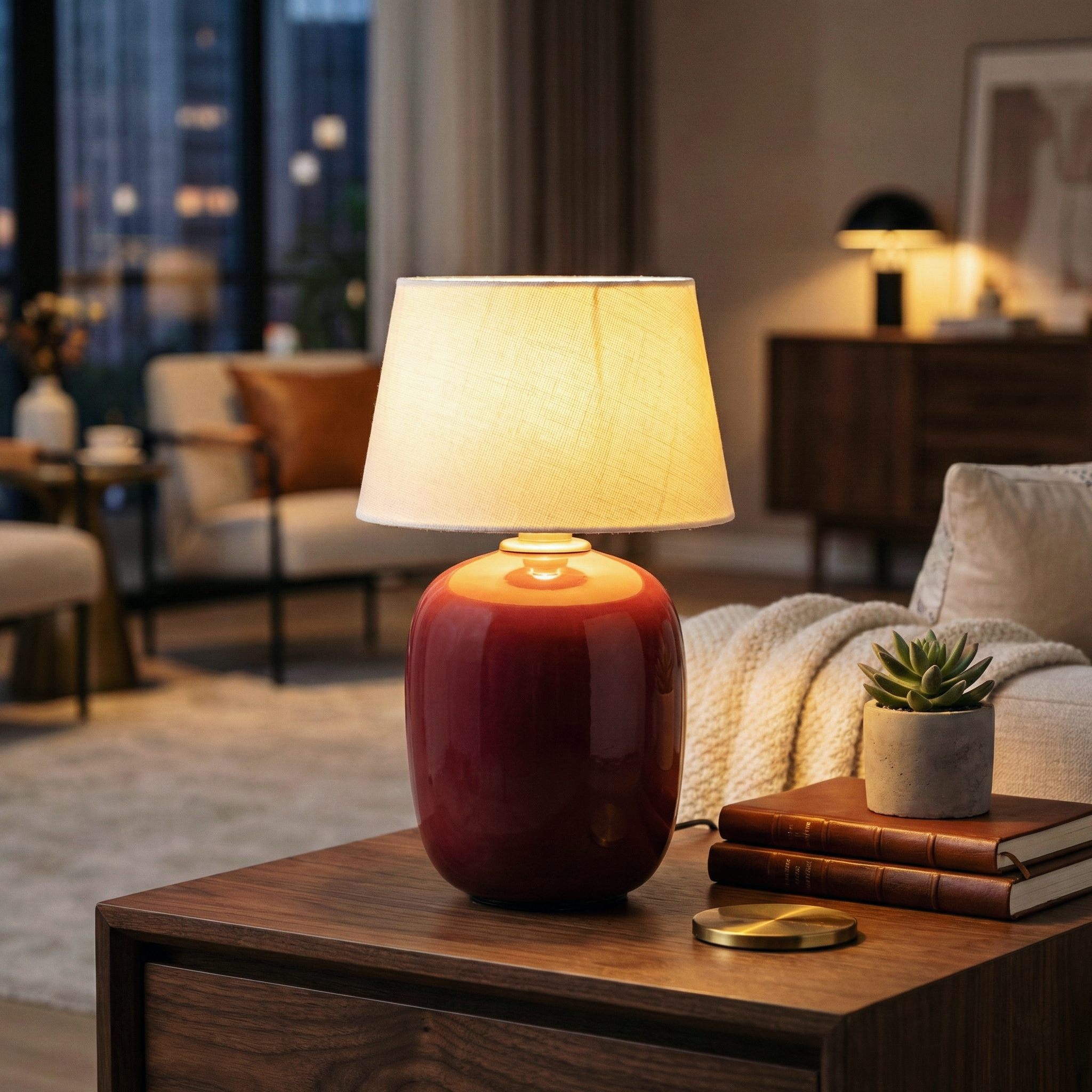 Hearthside Table Lamp – Battery Powered Linen Shade Brass Button Soft Ambient Light