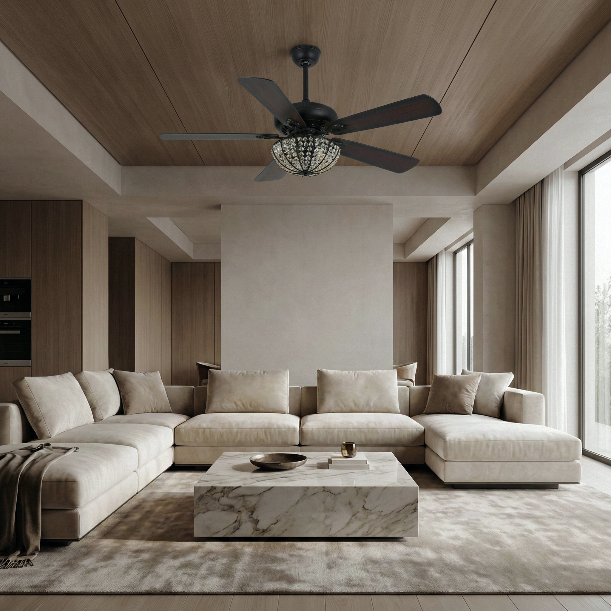 Memoire Muse Ceiling Fan Light – Traditional Black Crystal Three-Bulb Five-Blade Fixture