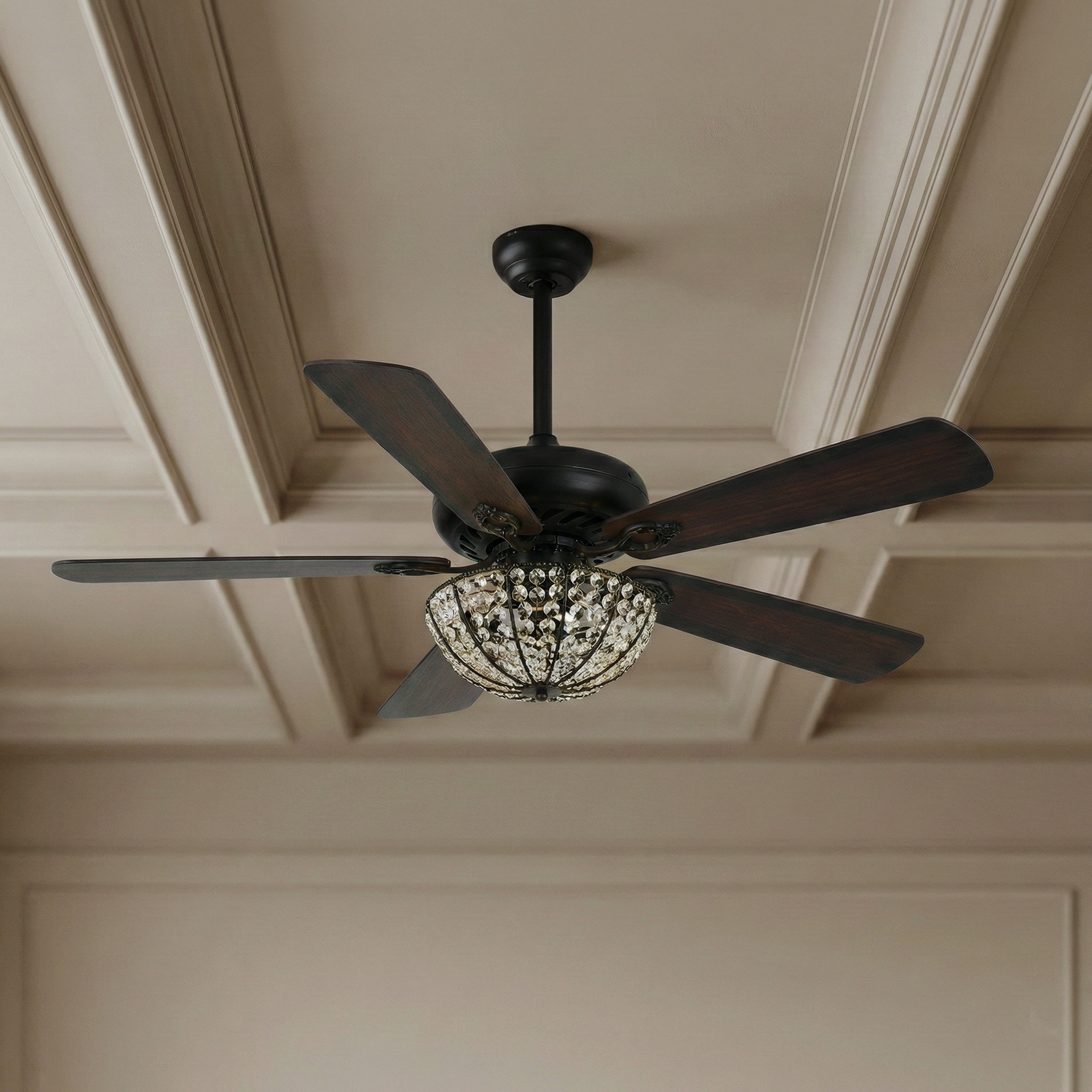 Memoire Muse Ceiling Fan Light – Traditional Black Crystal Three-Bulb Five-Blade Fixture