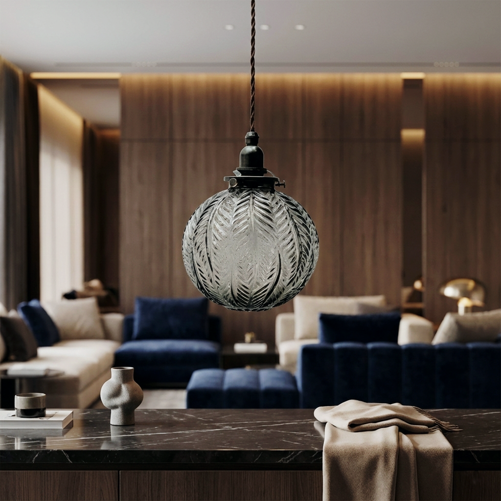 Round Glass Pendant Light – LED Clear Smoke Glass Pendant Fixture Feather Detail