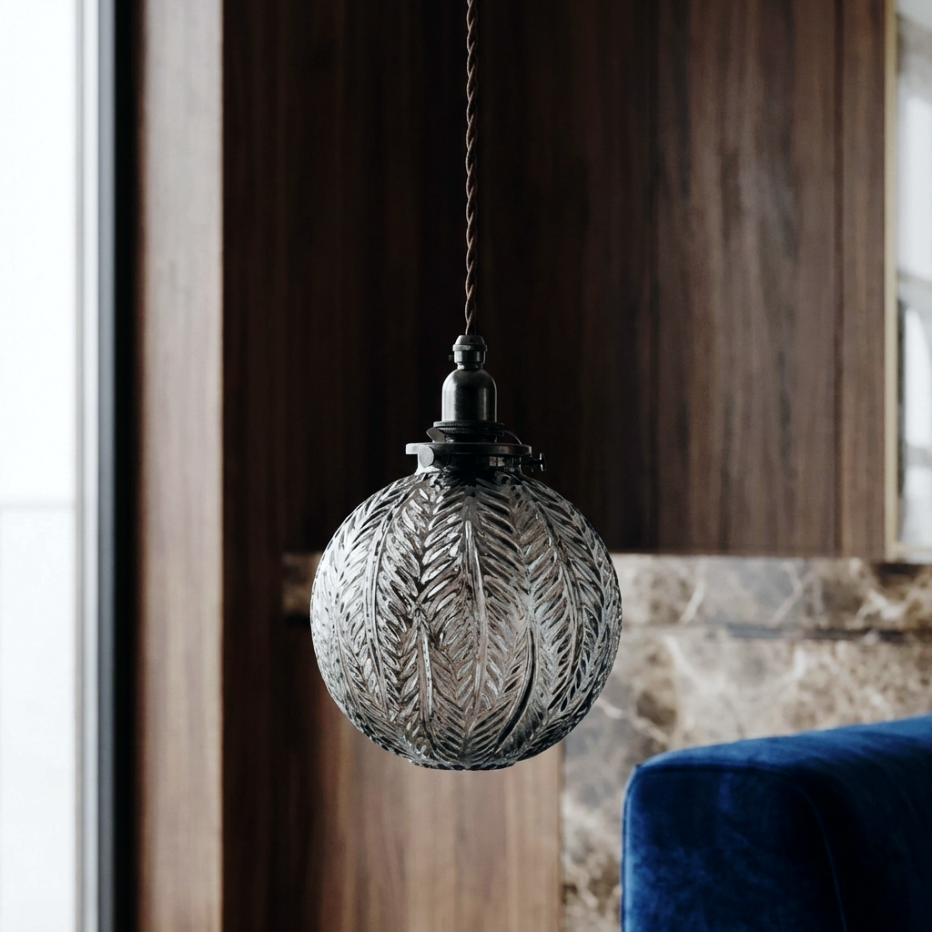 Round Glass Pendant Light – LED Clear Smoke Glass Pendant Fixture Feather Detail