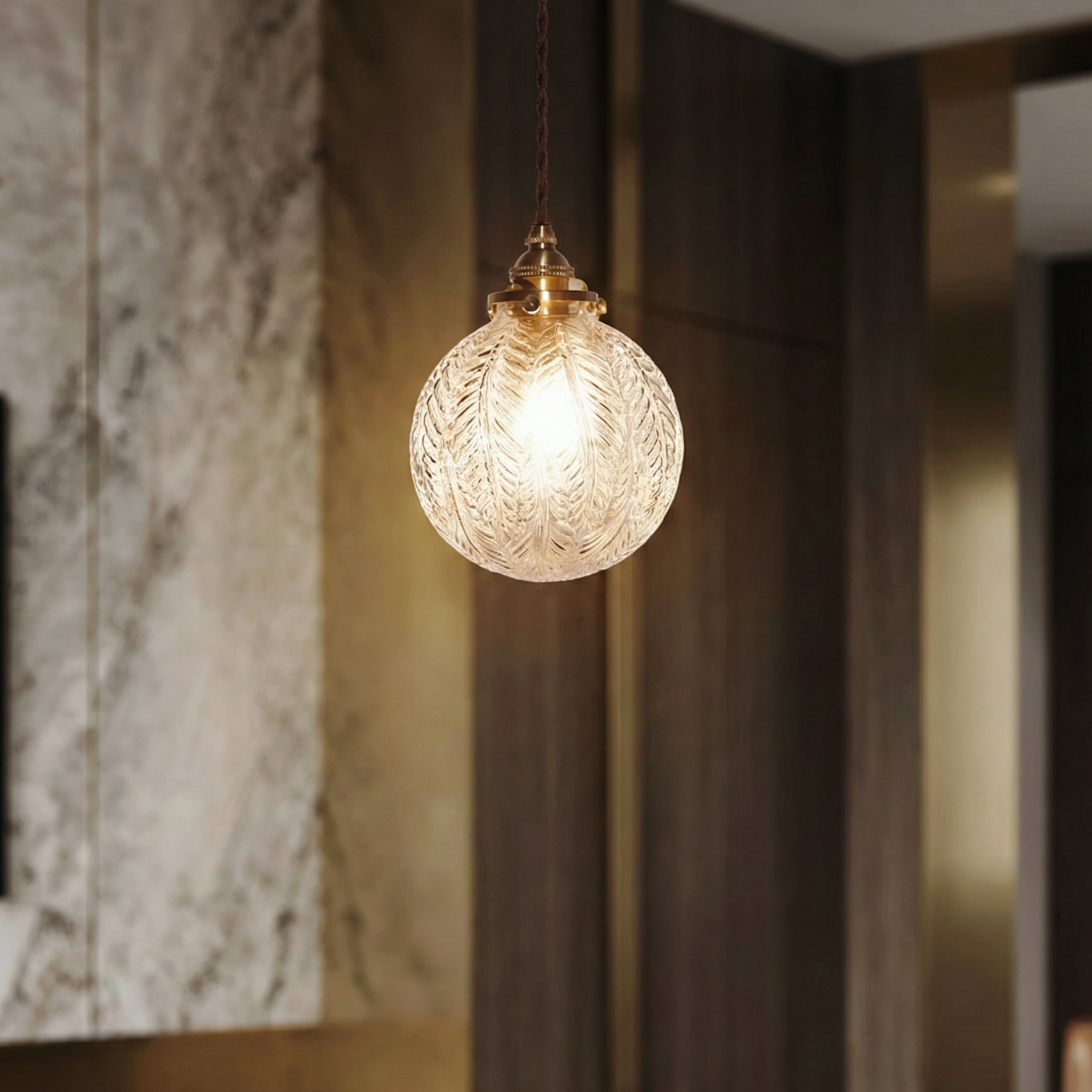 Round Glass Pendant Light – LED Clear Smoke Glass Pendant Fixture Feather Detail