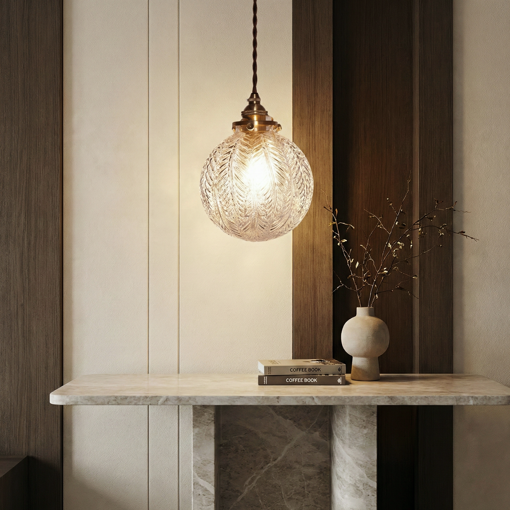 Round Glass Pendant Light – LED Clear Smoke Glass Pendant Fixture Feather Detail
