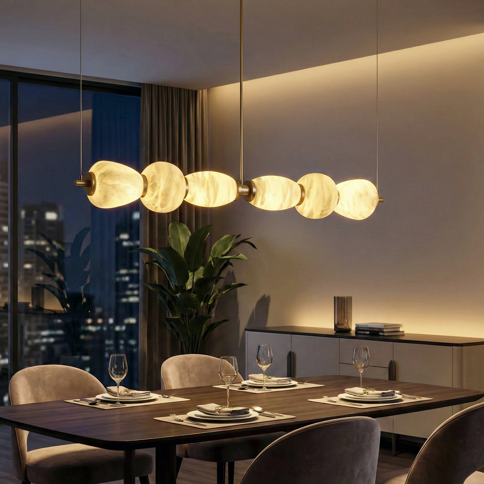 Alabaster River Chandelier – LED Indoor Modern Dining Room Light Fixture Linear Alabaster Finish