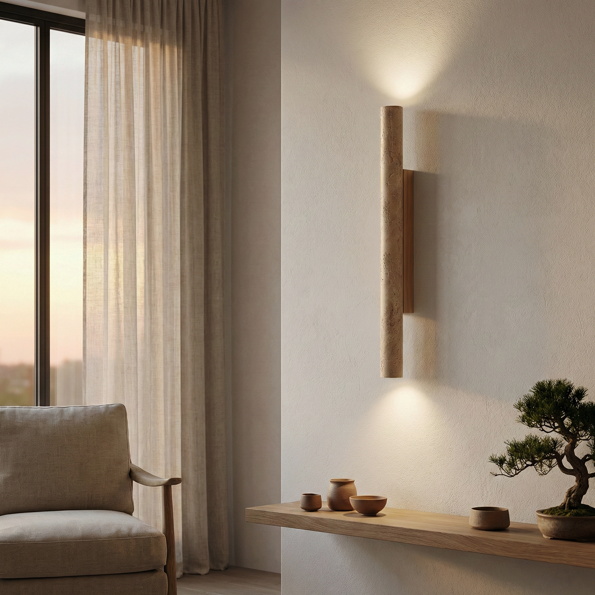 Colonnade Travertine Wall Light – Travertine Stone Fixture Subtle Veining Bi-Directional Glow