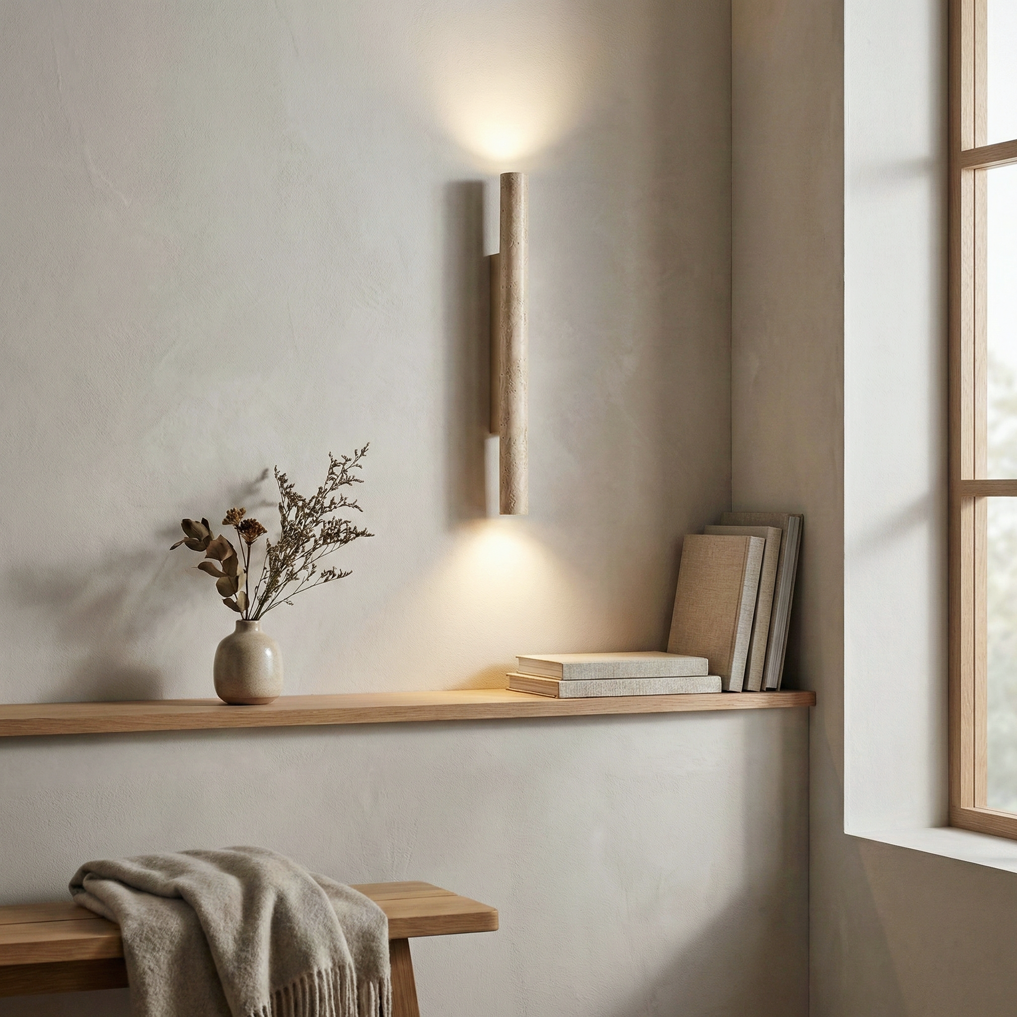 Colonnade Travertine Wall Light – Travertine Stone Fixture Subtle Veining Bi-Directional Glow
