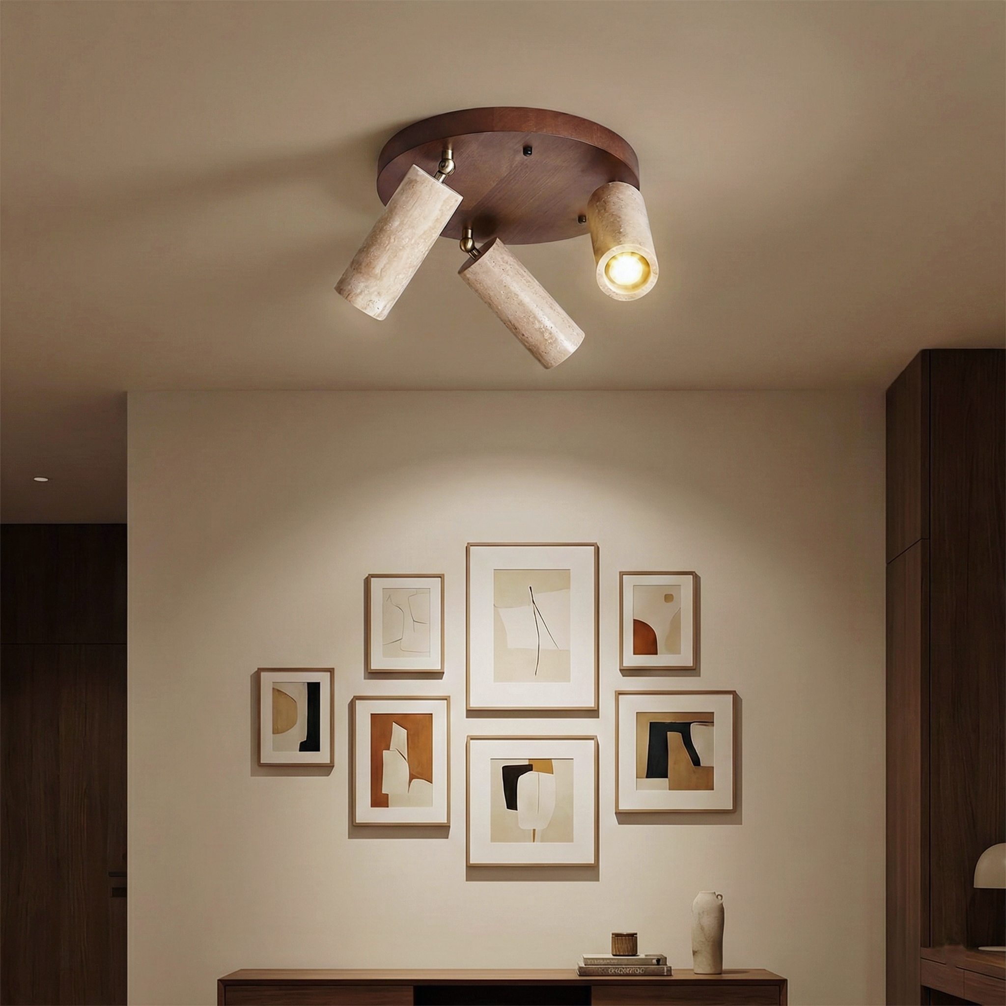 Terra Cylinder Ceiling Light – Three Flush Adjustable Cylindrical Spotlights Travertine Finish