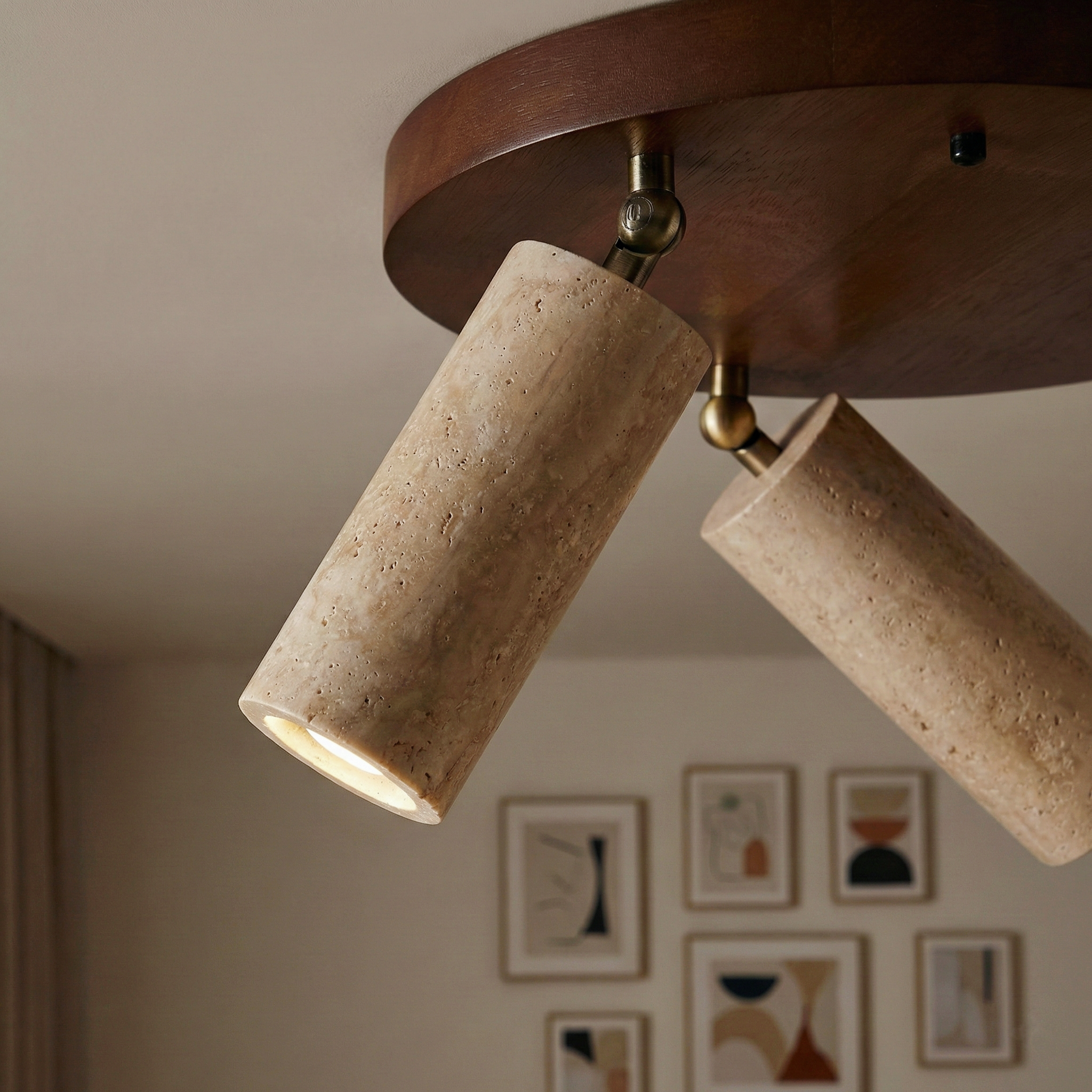 Terra Cylinder Ceiling Light – Three Flush Adjustable Cylindrical Spotlights Travertine Finish