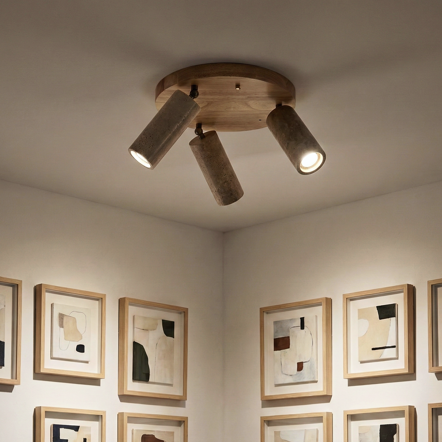 Terra Cylinder Ceiling Light – Three Flush Adjustable Cylindrical Spotlights Travertine Finish