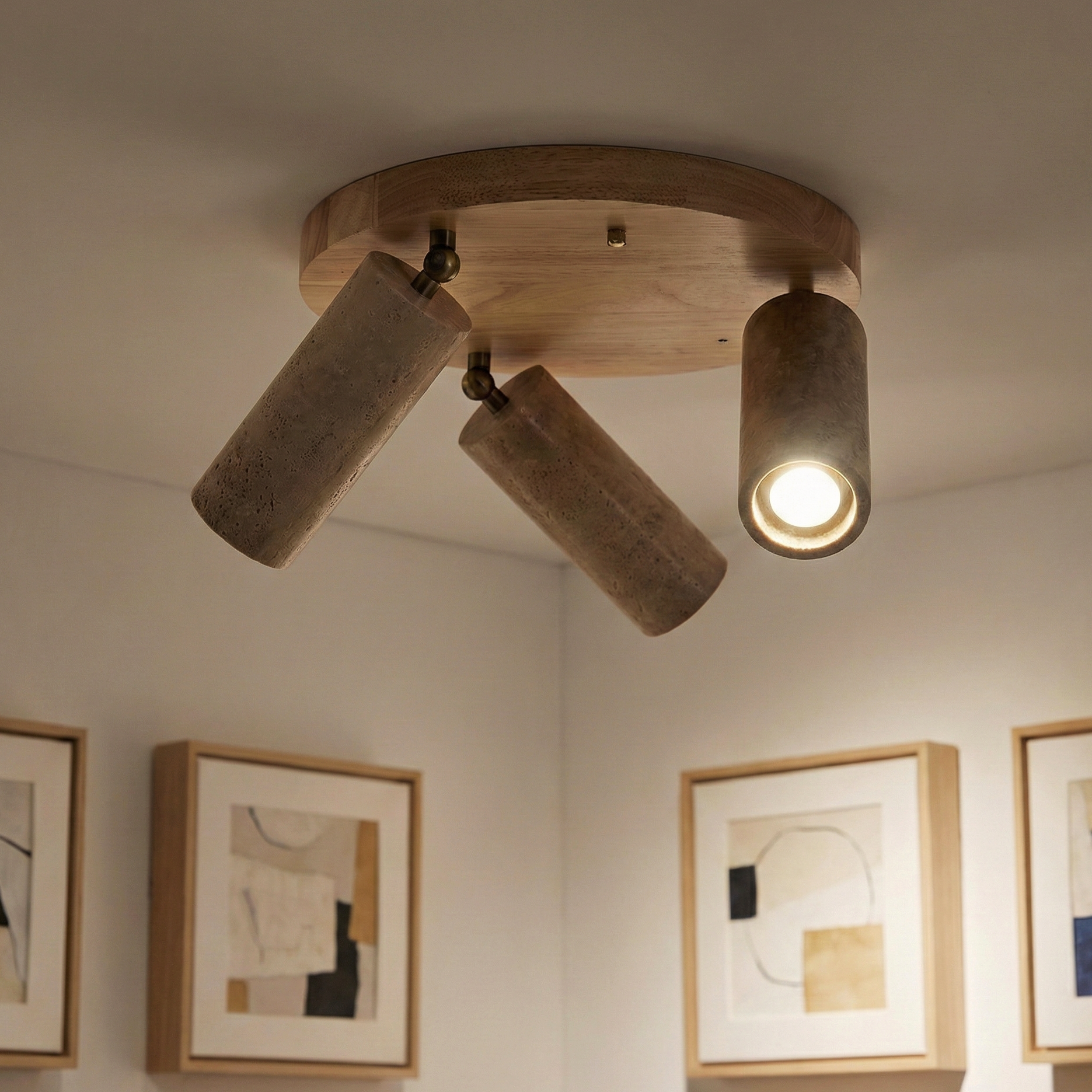 Terra Cylinder Ceiling Light – Three Flush Adjustable Cylindrical Spotlights Travertine Finish