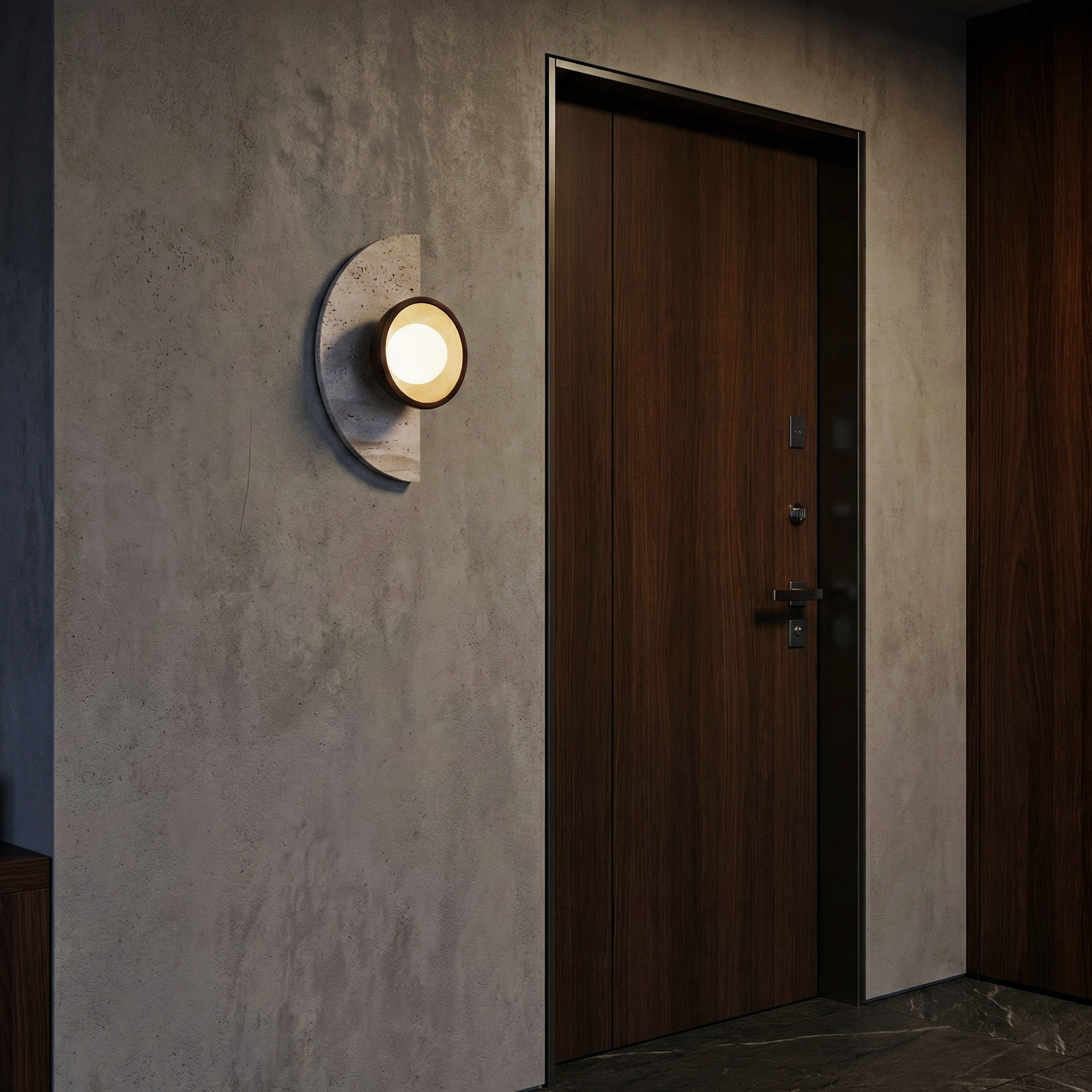 Terra Arc Wall Light – Semicircular Travertine Wall Light Warm Wood Framing Soft Glow Orb Modern Interiors