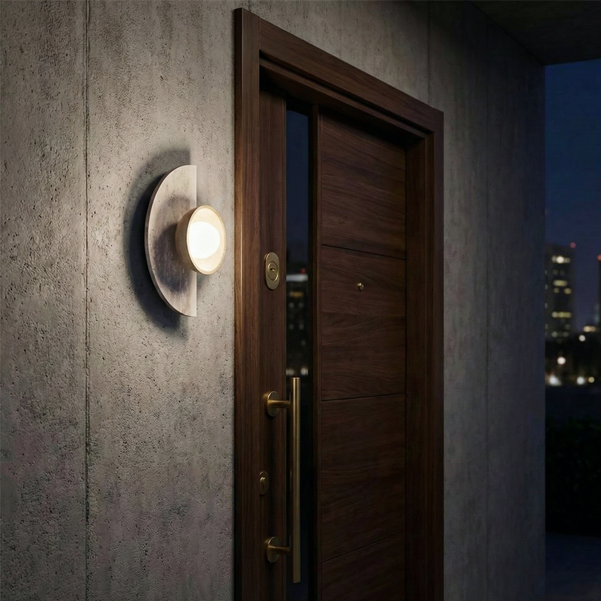 Terra Arc Wall Light – Semicircular Travertine Wall Light Warm Wood Framing Soft Glow Orb Modern Interiors