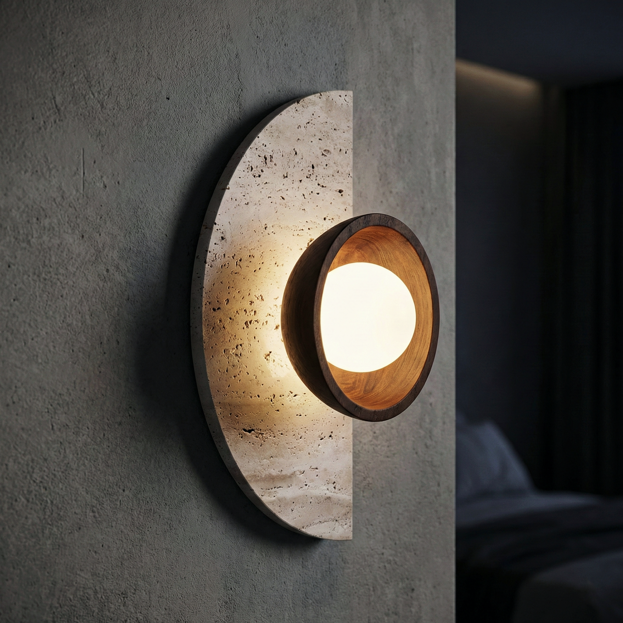 Terra Arc Wall Light – Semicircular Travertine Wall Light Warm Wood Framing Soft Glow Orb Modern Interiors