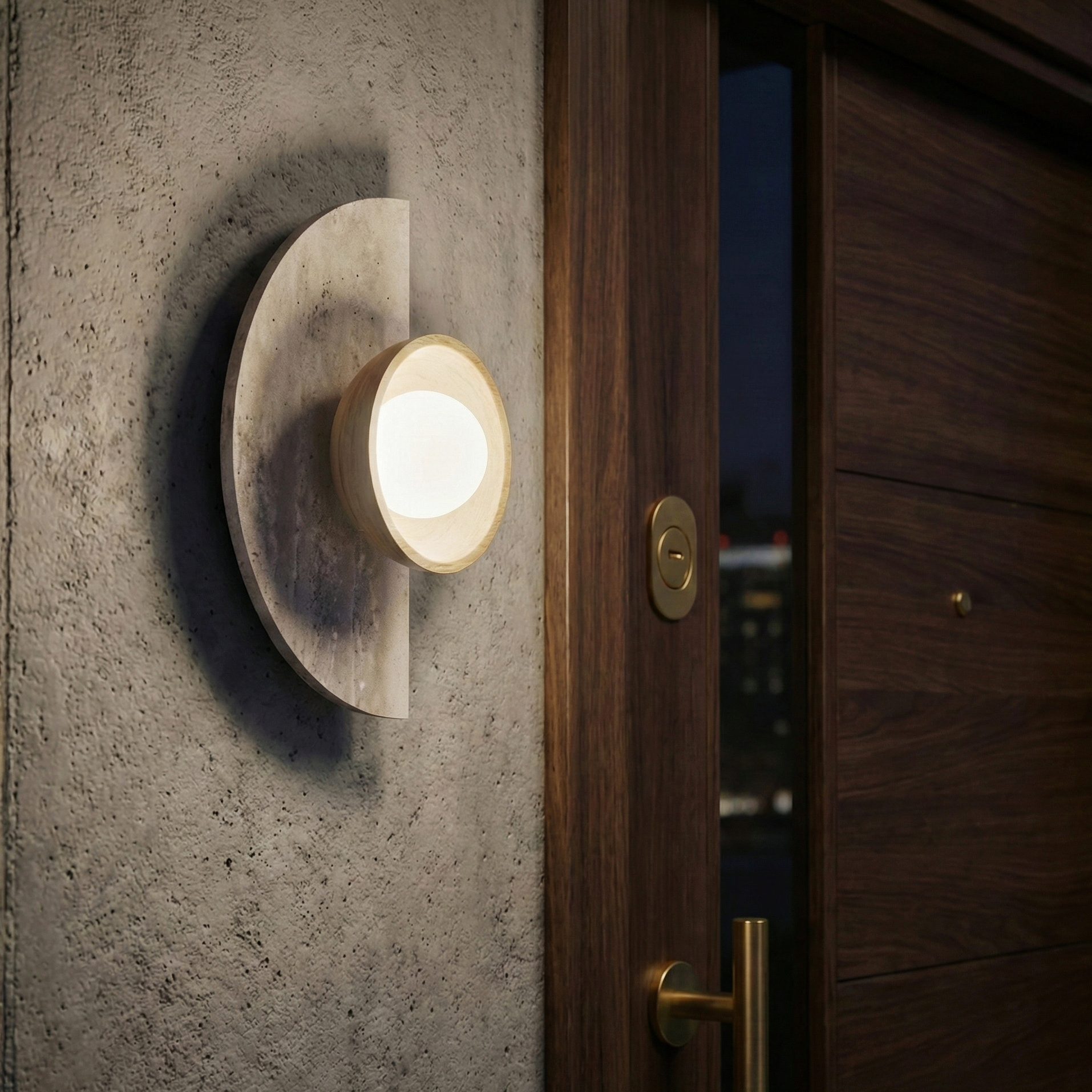 Terra Arc Wall Light – Semicircular Travertine Wall Light Warm Wood Framing Soft Glow Orb Modern Interiors