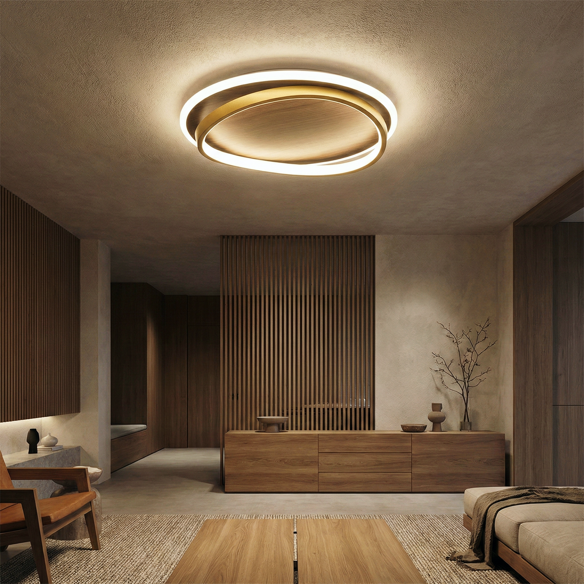 Walnut Grain Ring Ceiling Light – LED Flush Mount Fixture Walnut Grain Nordic Modern Interiors