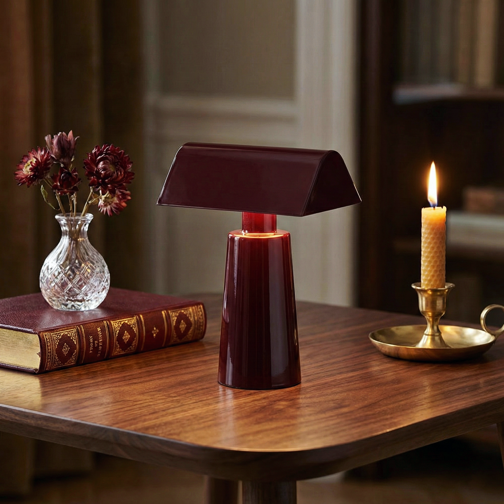Cove Glass Table Lamp - LED Banker Style Desk Lighting Lacquered Steel Base Modern Home Office