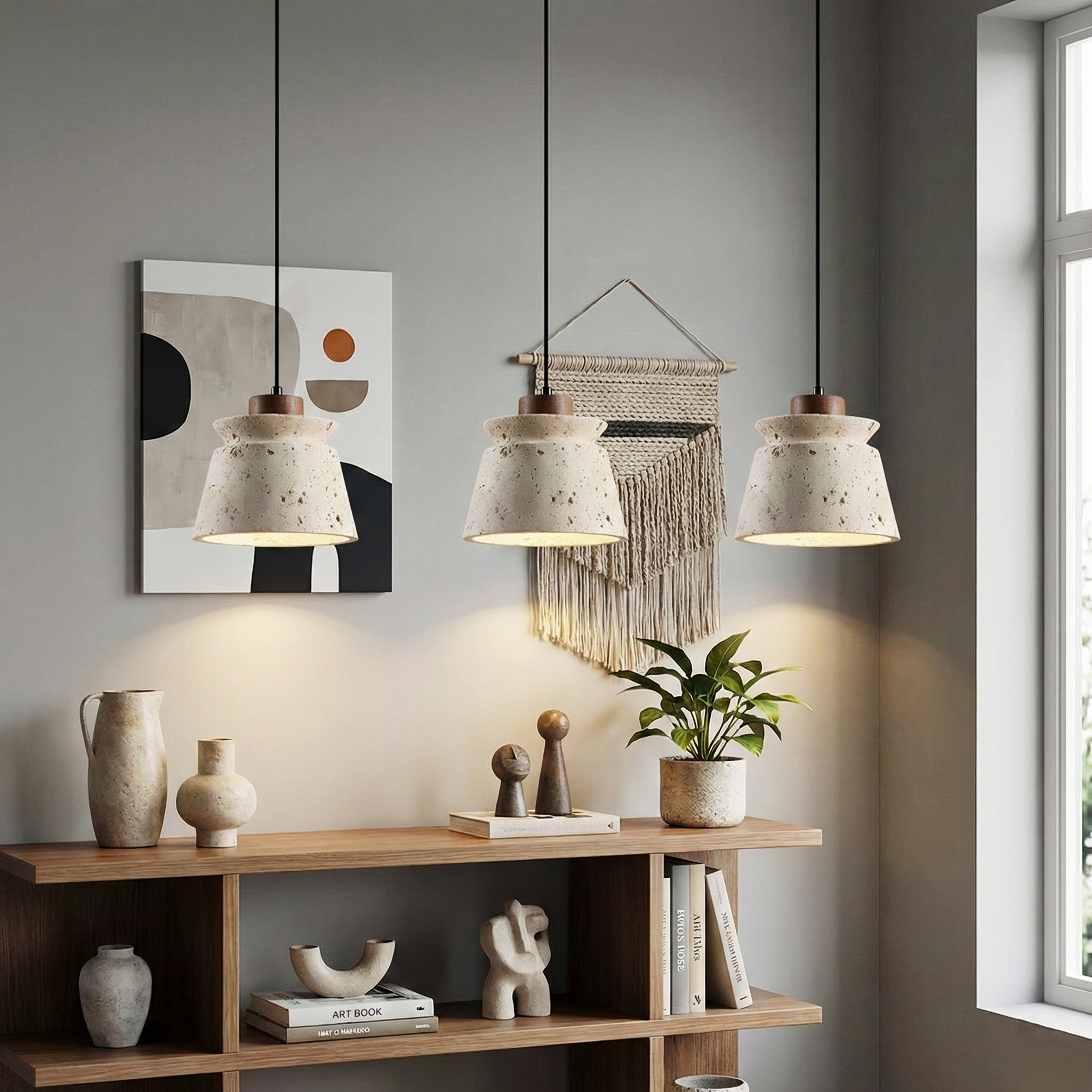 Dala Travertine Pendant Light – LED Downward Glow Natural Travertine Stone Warm Ambience