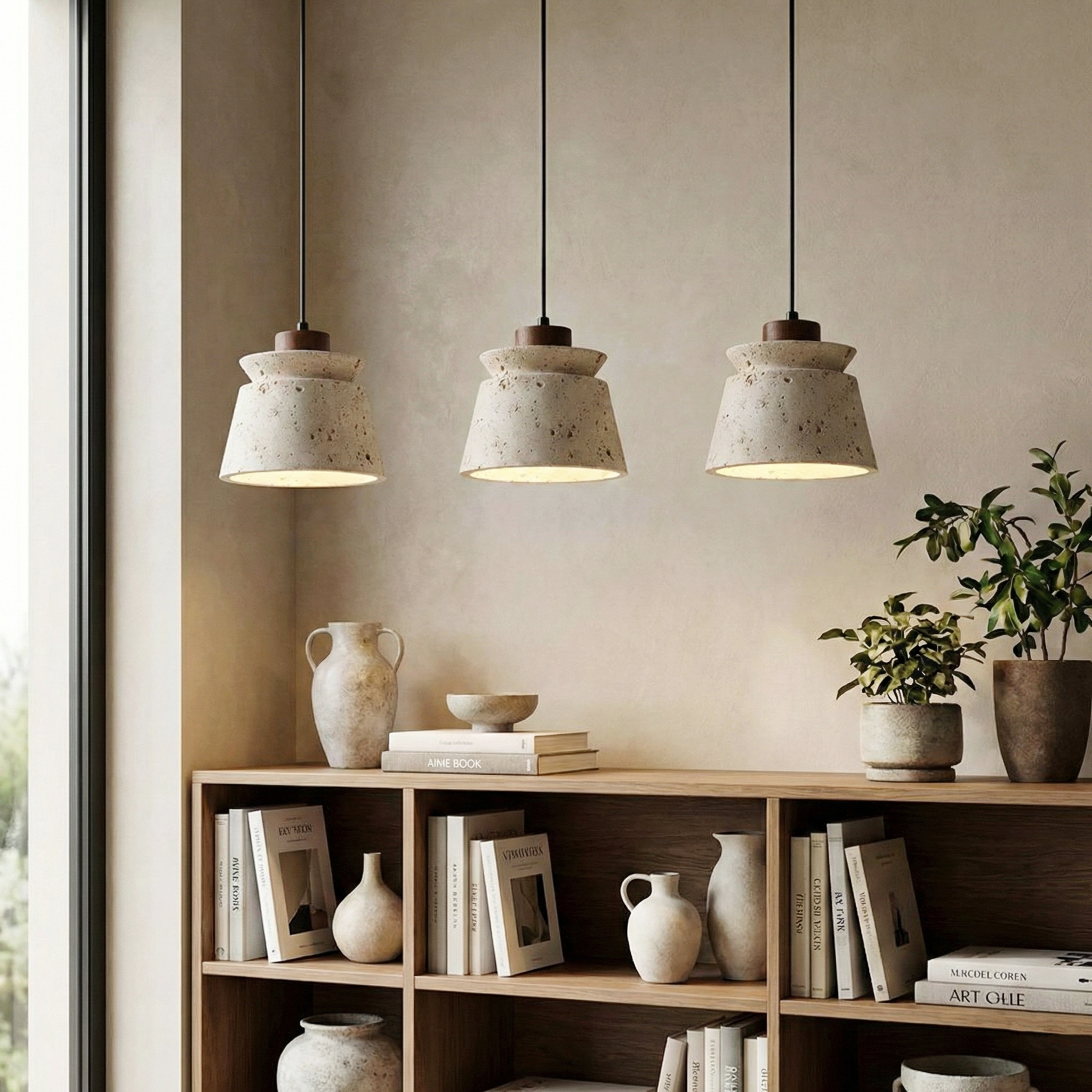 Dala Travertine Pendant Light – LED Downward Glow Natural Travertine Stone Warm Ambience