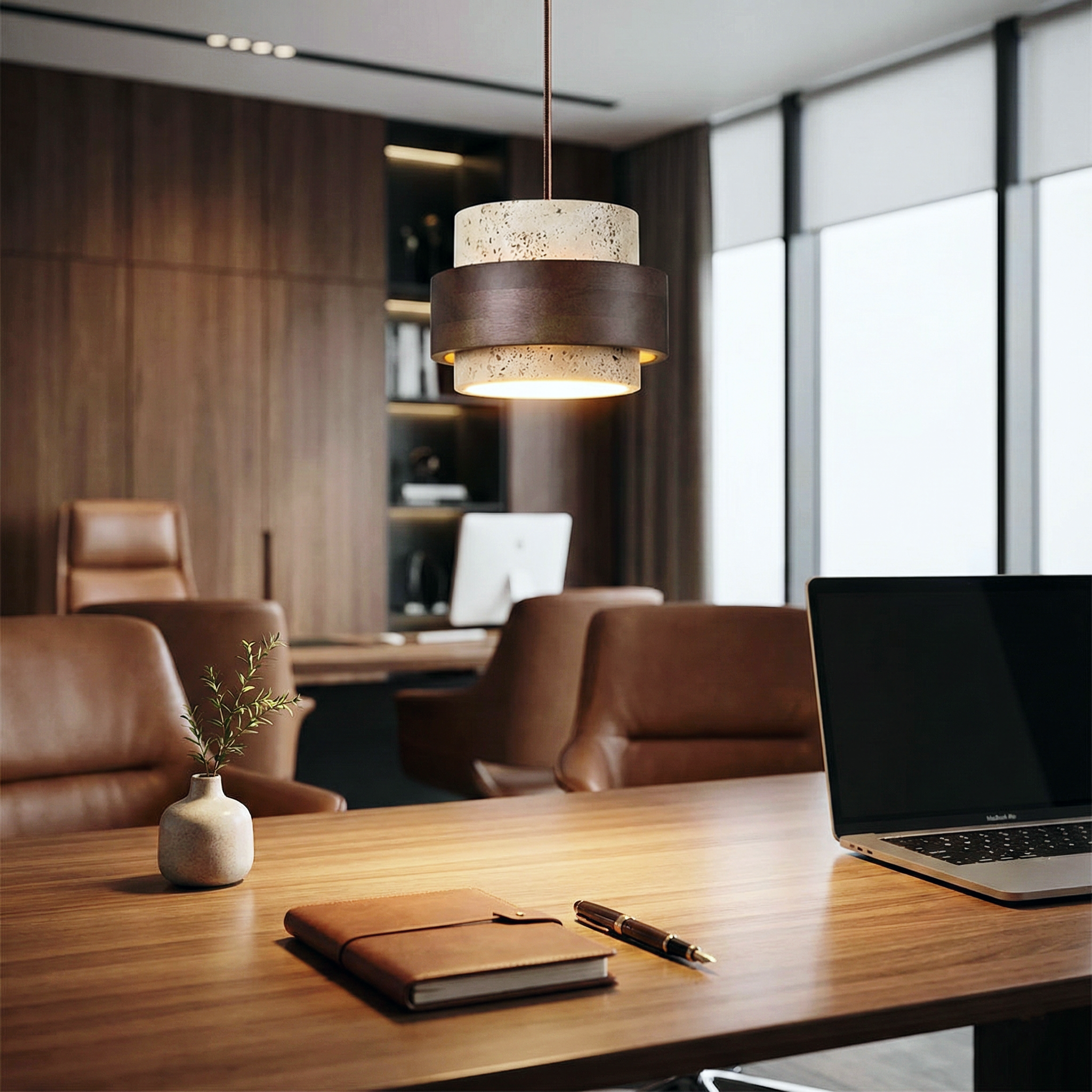 Eaden Travertine Pendant Lamp – Natural Stone Pendant Light With Walnut Wood Band Modern Living
