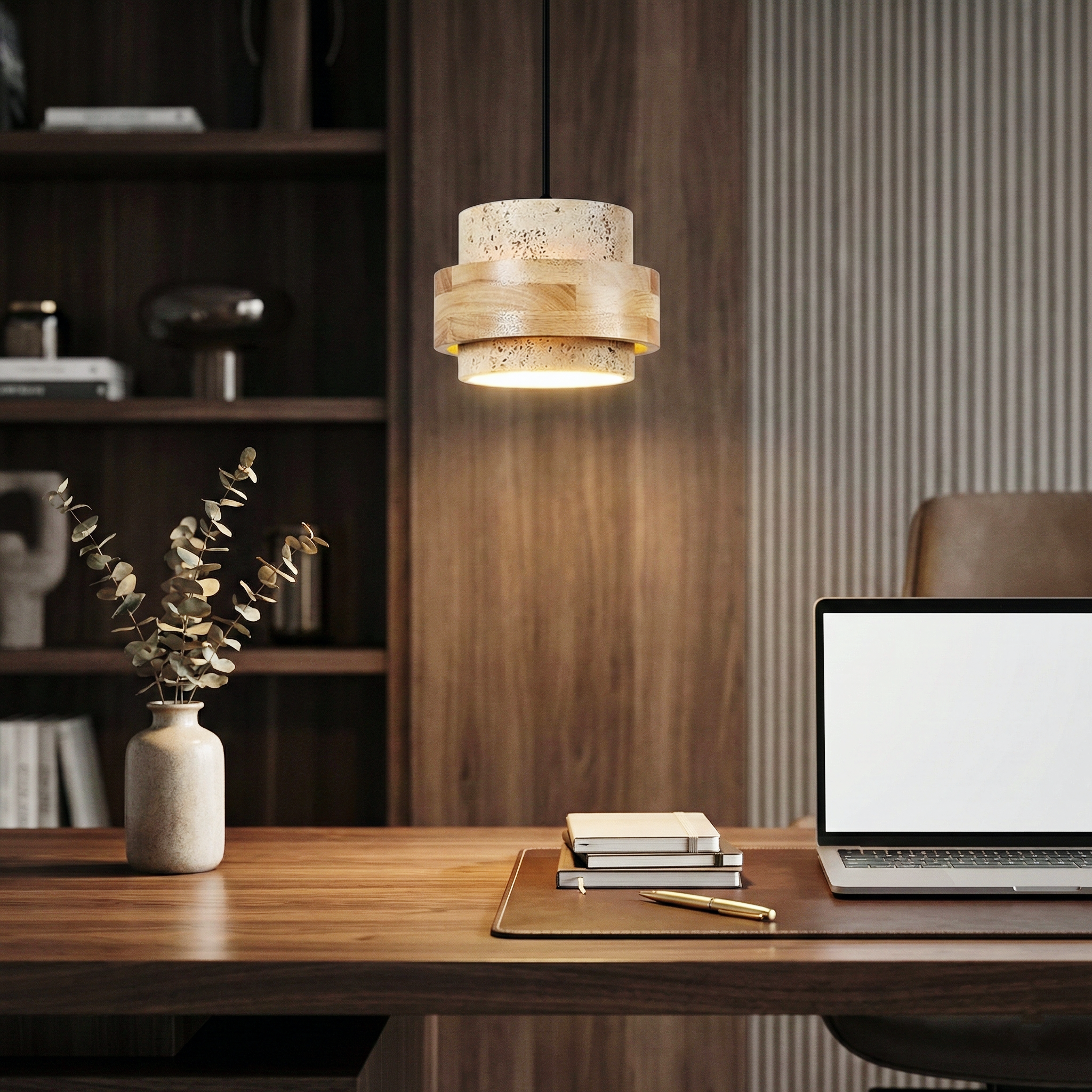 Eaden Travertine Pendant Lamp – Natural Stone Pendant Light With Walnut Wood Band Modern Living