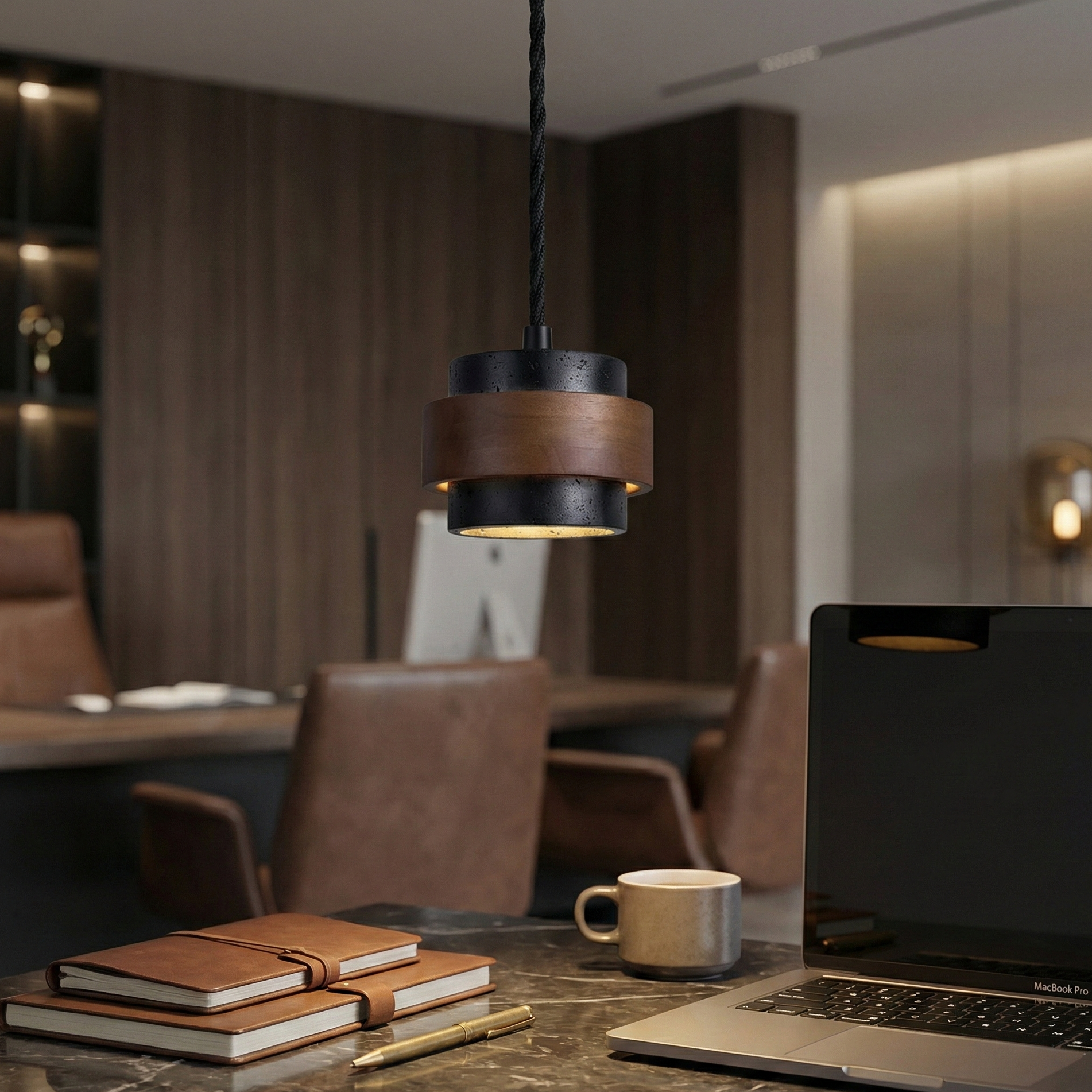 Eaden Travertine Pendant Lamp – Natural Stone Pendant Light With Walnut Wood Band Modern Living