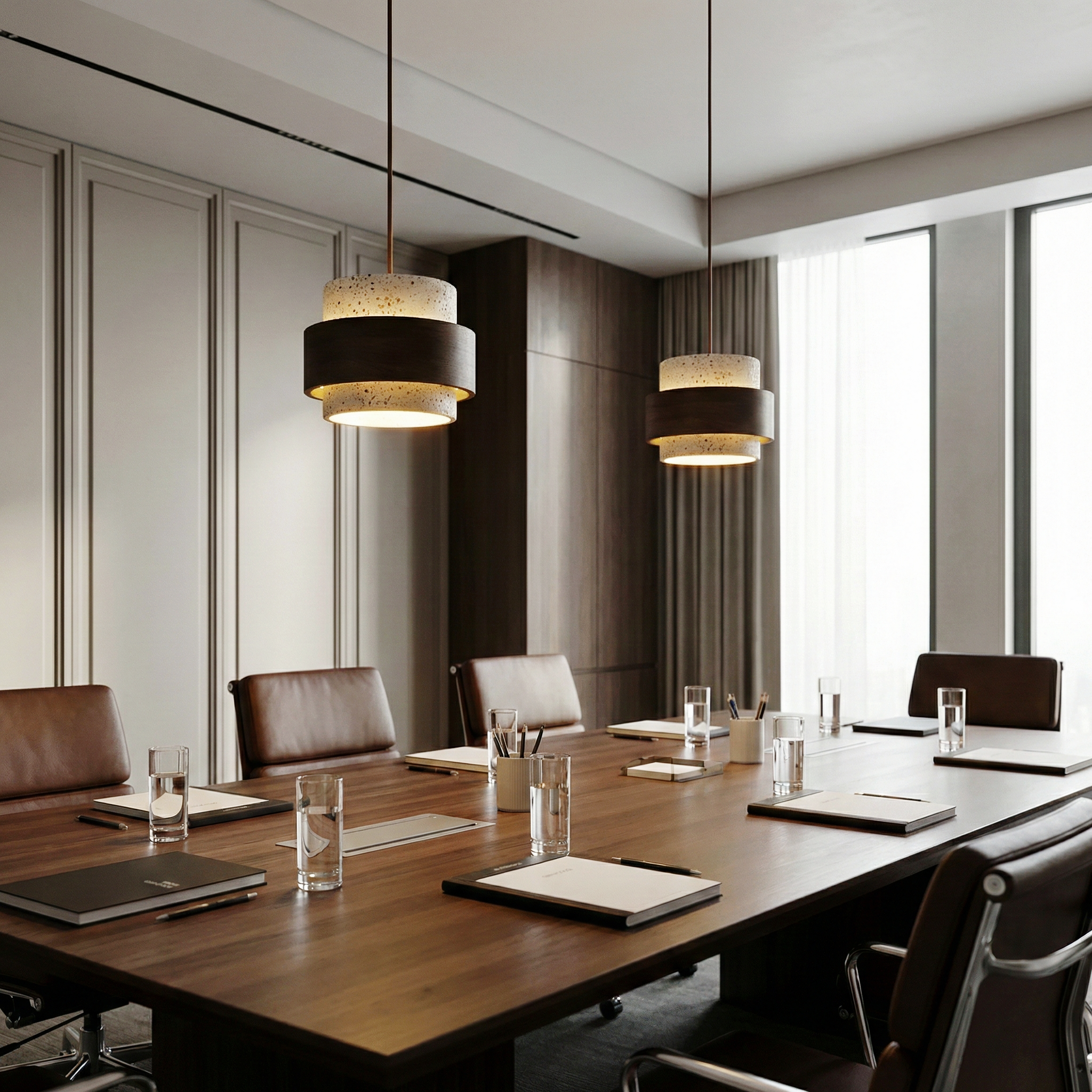 Eaden Travertine Pendant Lamp – Natural Stone Pendant Light With Walnut Wood Band Modern Living