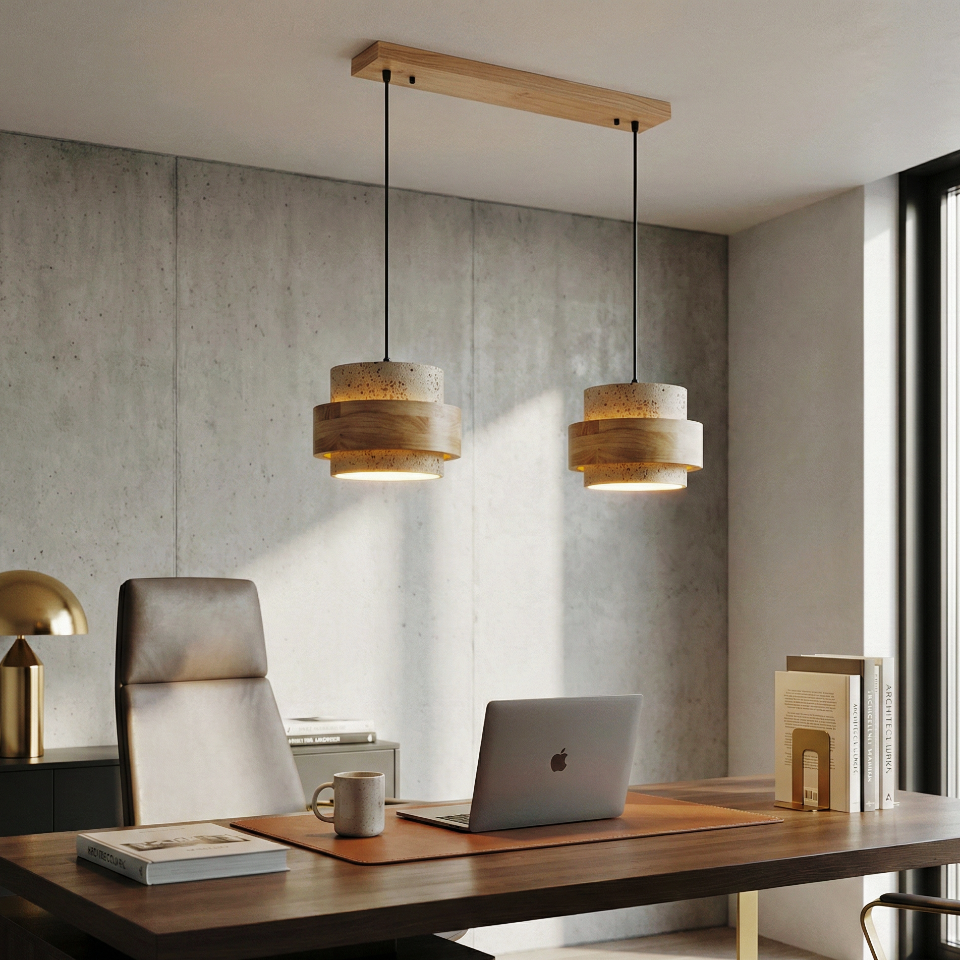 Eaden Travertine Pendant Lamp – Natural Stone Pendant Light With Walnut Wood Band Modern Living