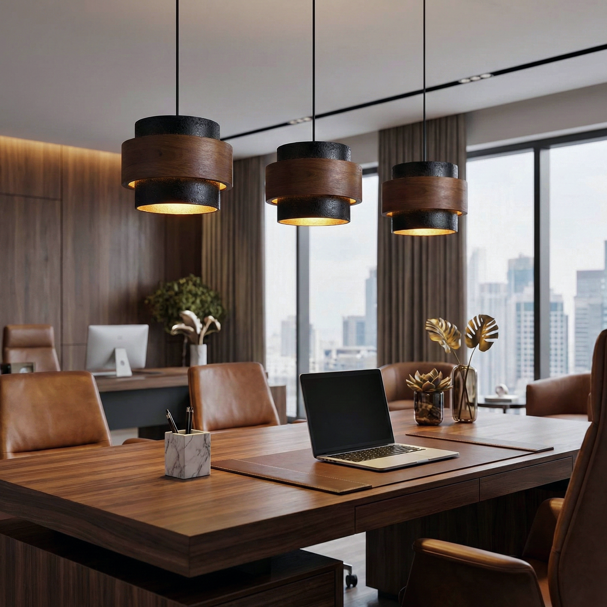 Eaden Travertine Pendant Lamp – Natural Stone Pendant Light With Walnut Wood Band Modern Living