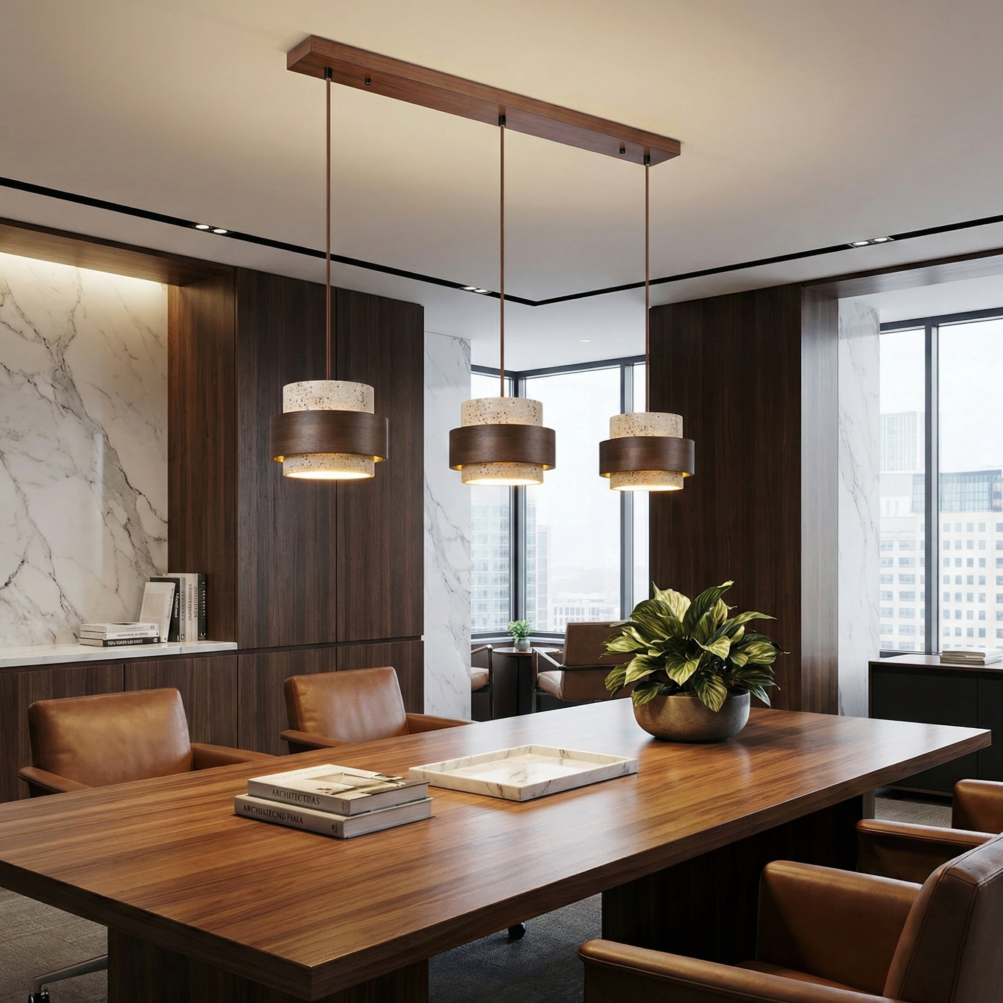 Eaden Travertine Pendant Lamp – Natural Stone Pendant Light With Walnut Wood Band Modern Living